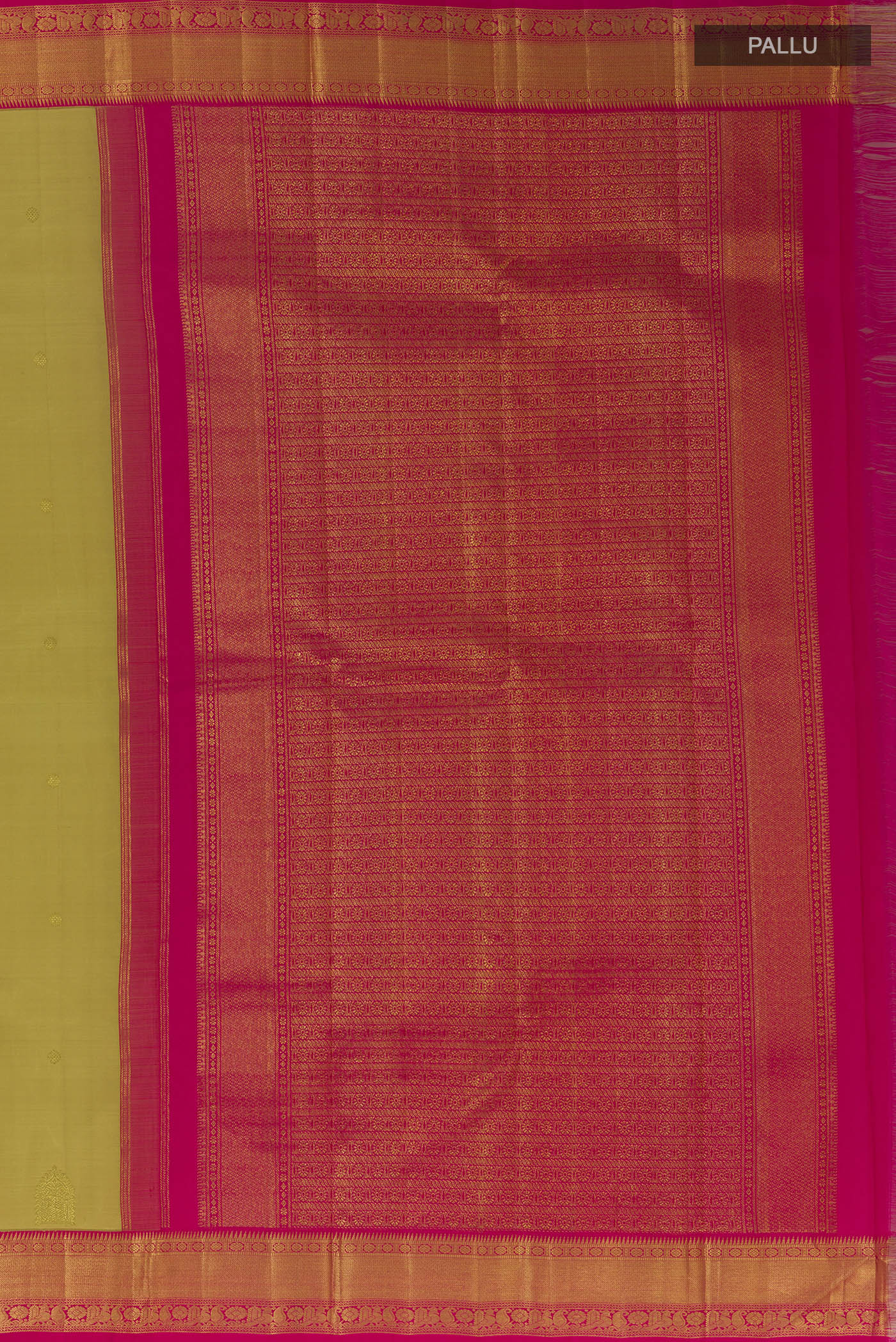 Close up image of the pallu of Beige Kanjivaram Silk Saree with Zari Butta on the body and Zari Border. 
