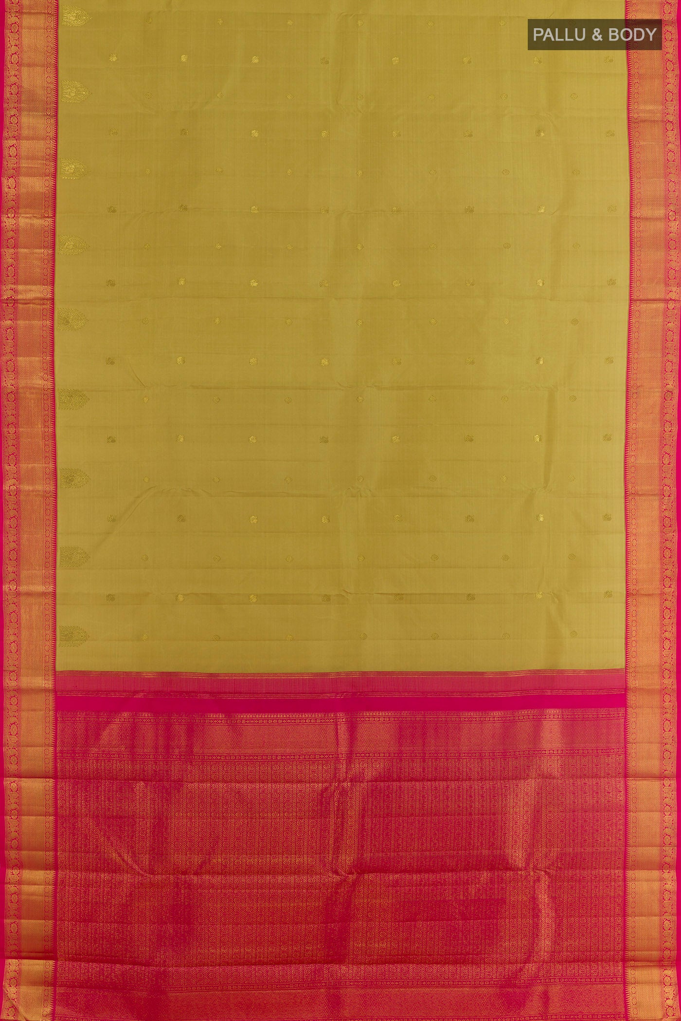Flat view of Beige Kanjivaram Silk Saree with Zari Butta on the body and Zari Border. 