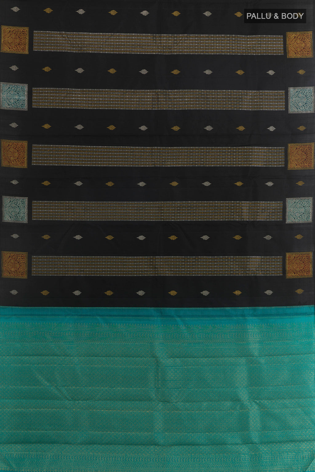 Flat view of Black Kanjivaram Silk Saree with Stripes on the body and Without Border. 