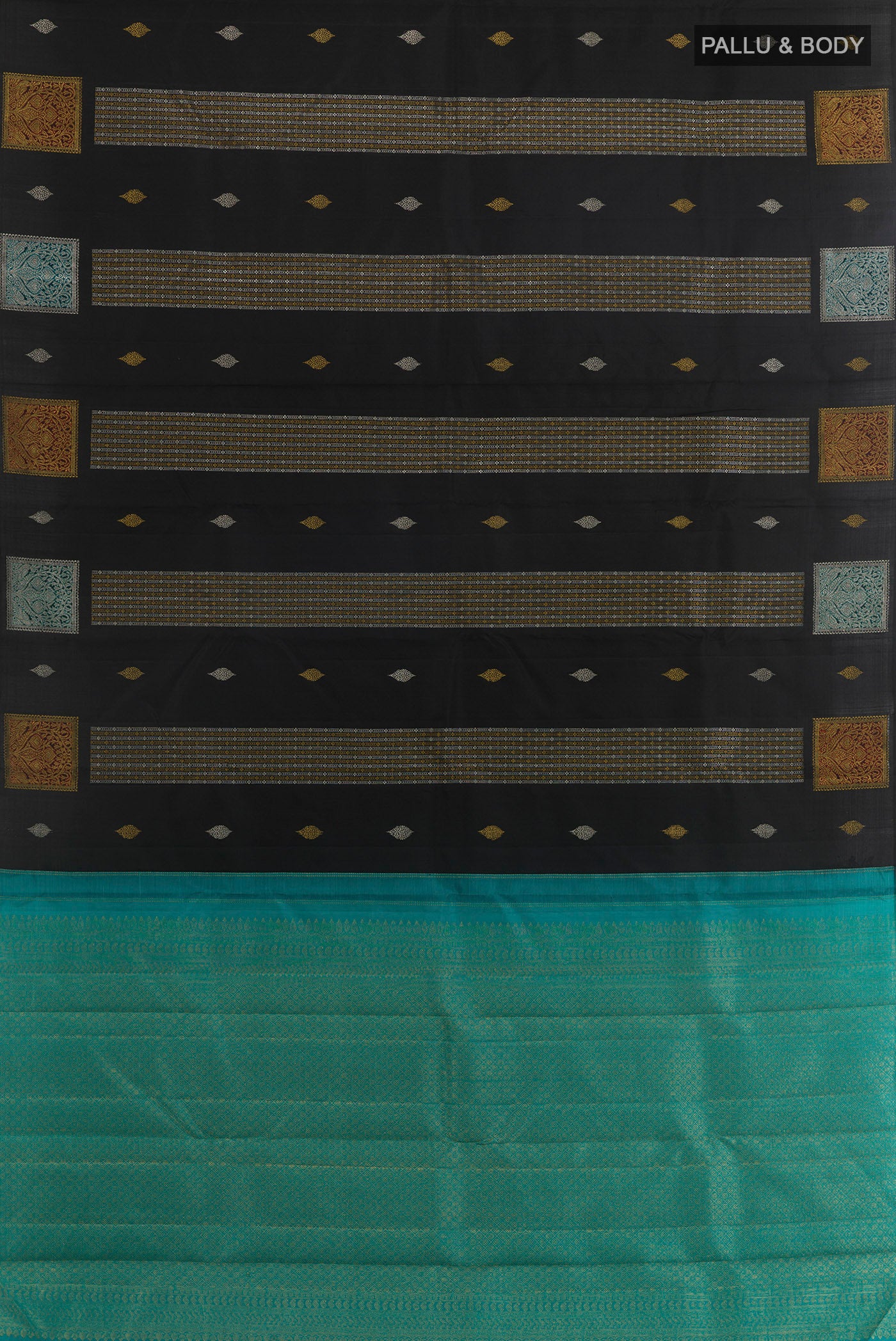 Flat view of Black Kanjivaram Silk Saree with Stripes on the body and Without Border. 