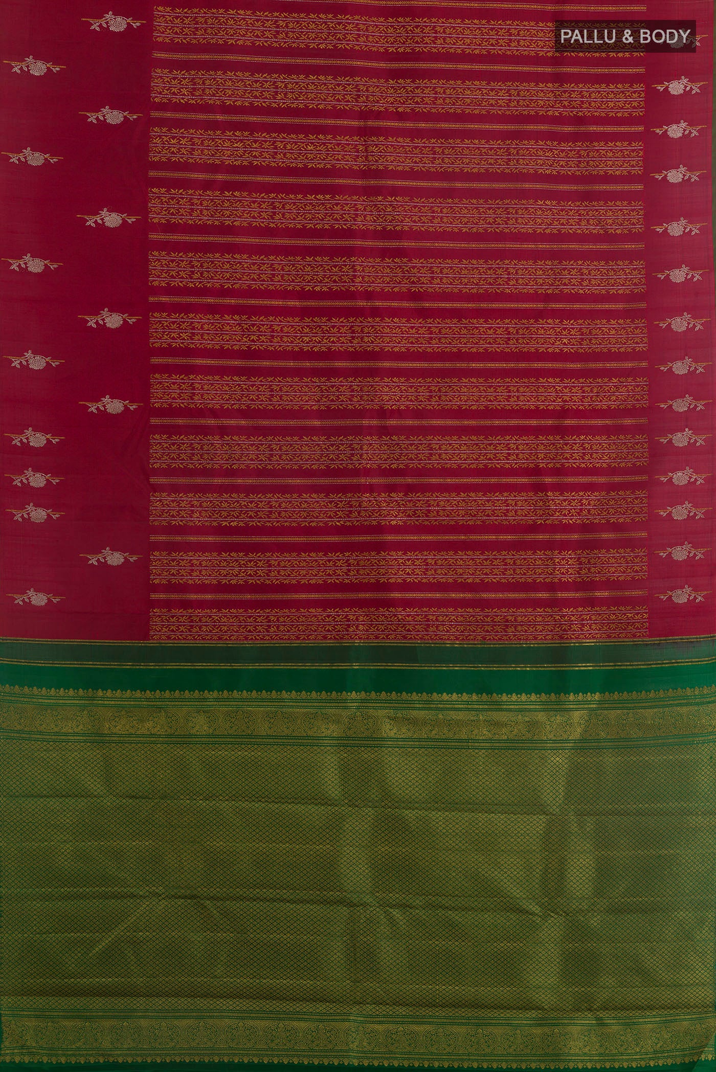 Flat view of Maroon Kanjivaram Silk Saree with Zari Brocade on the body and Zari Border. 