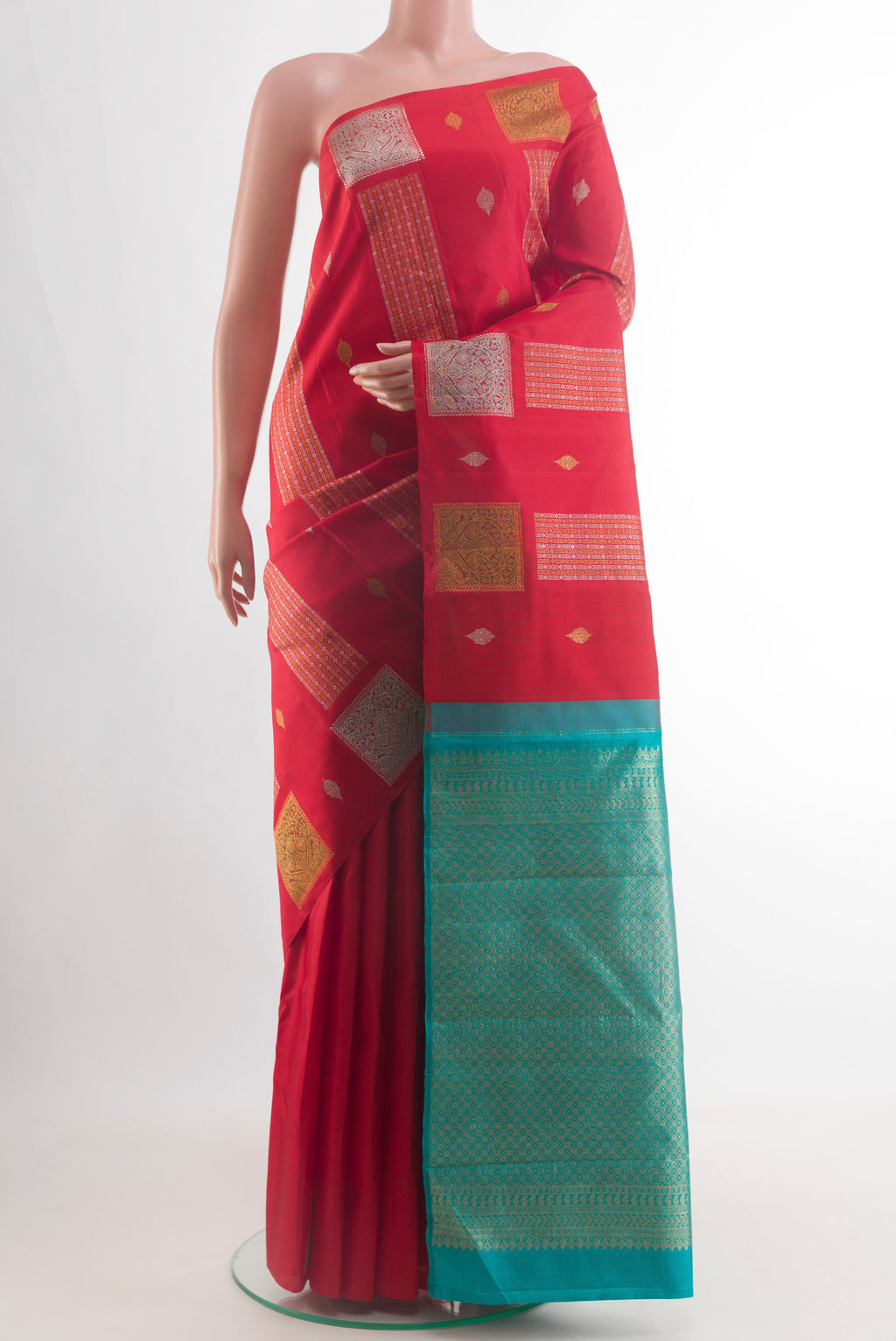 Red Kanjivaram Silk Saree with Stripes on the body and Without Border.  displayed on a mannequin