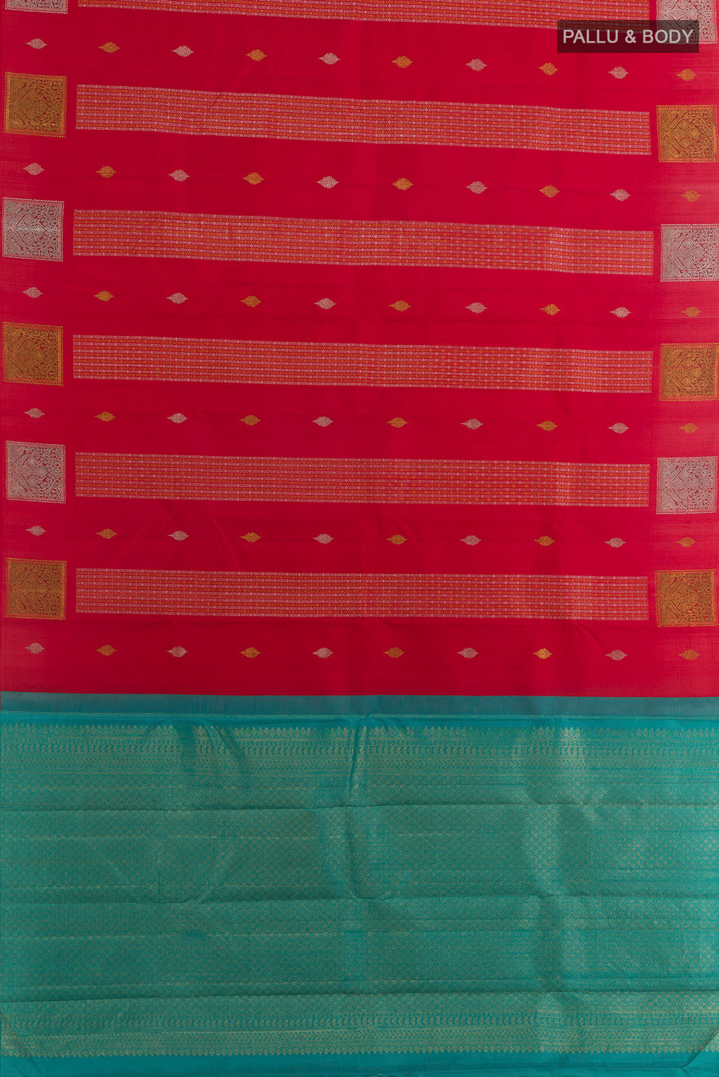 Flat view of Red Kanjivaram Silk Saree with Stripes on the body and Without Border. 