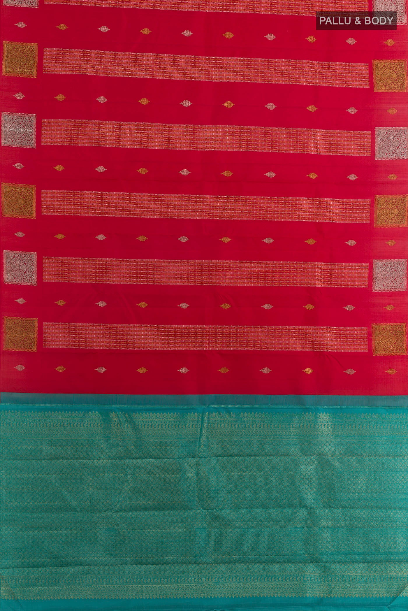 Flat view of Red Kanjivaram Silk Saree with Stripes on the body and Without Border. 