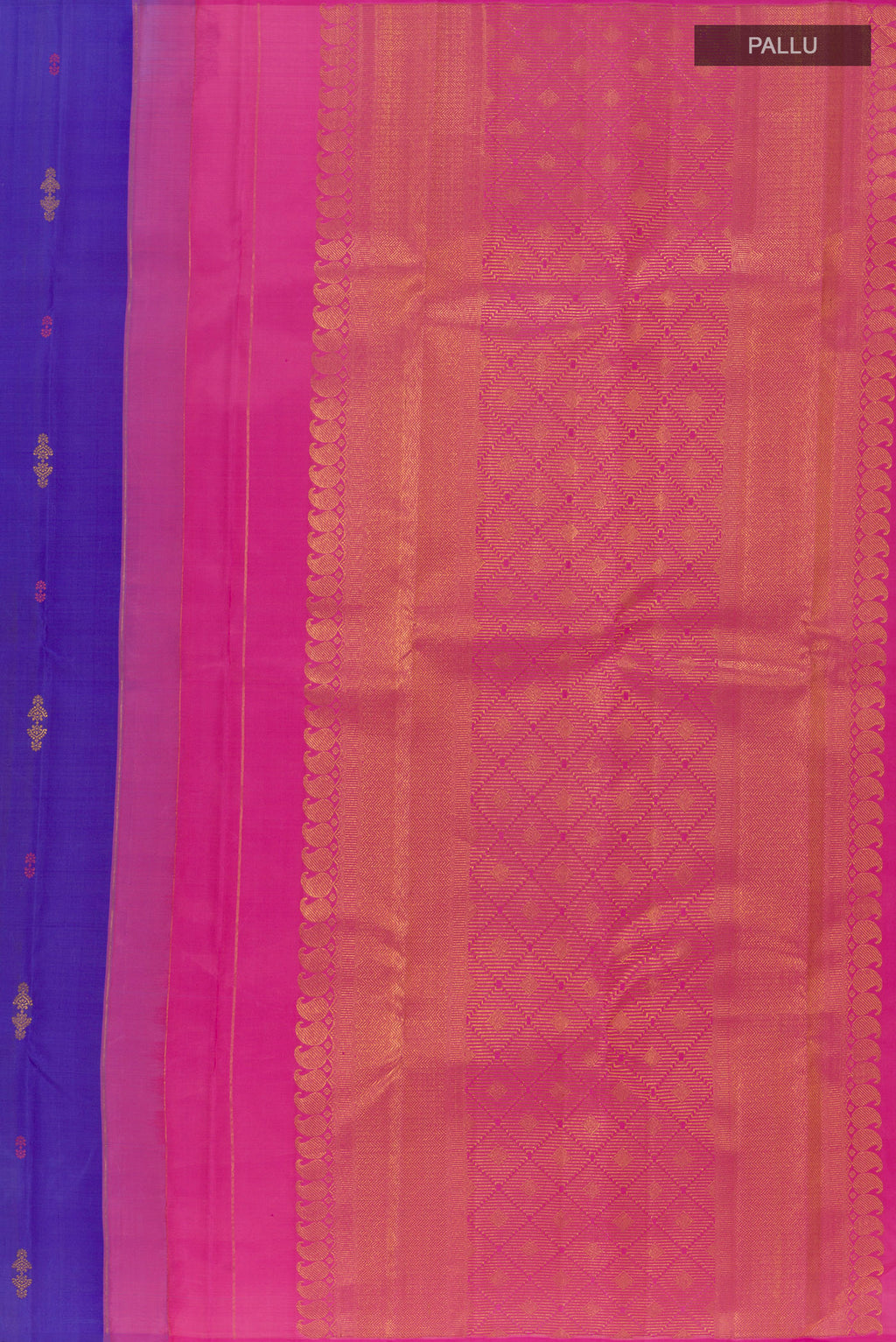 Close up image of the pallu of Royal Blue Kanjivaram Silk Saree with Zari Butta on the body and Without Border. 
