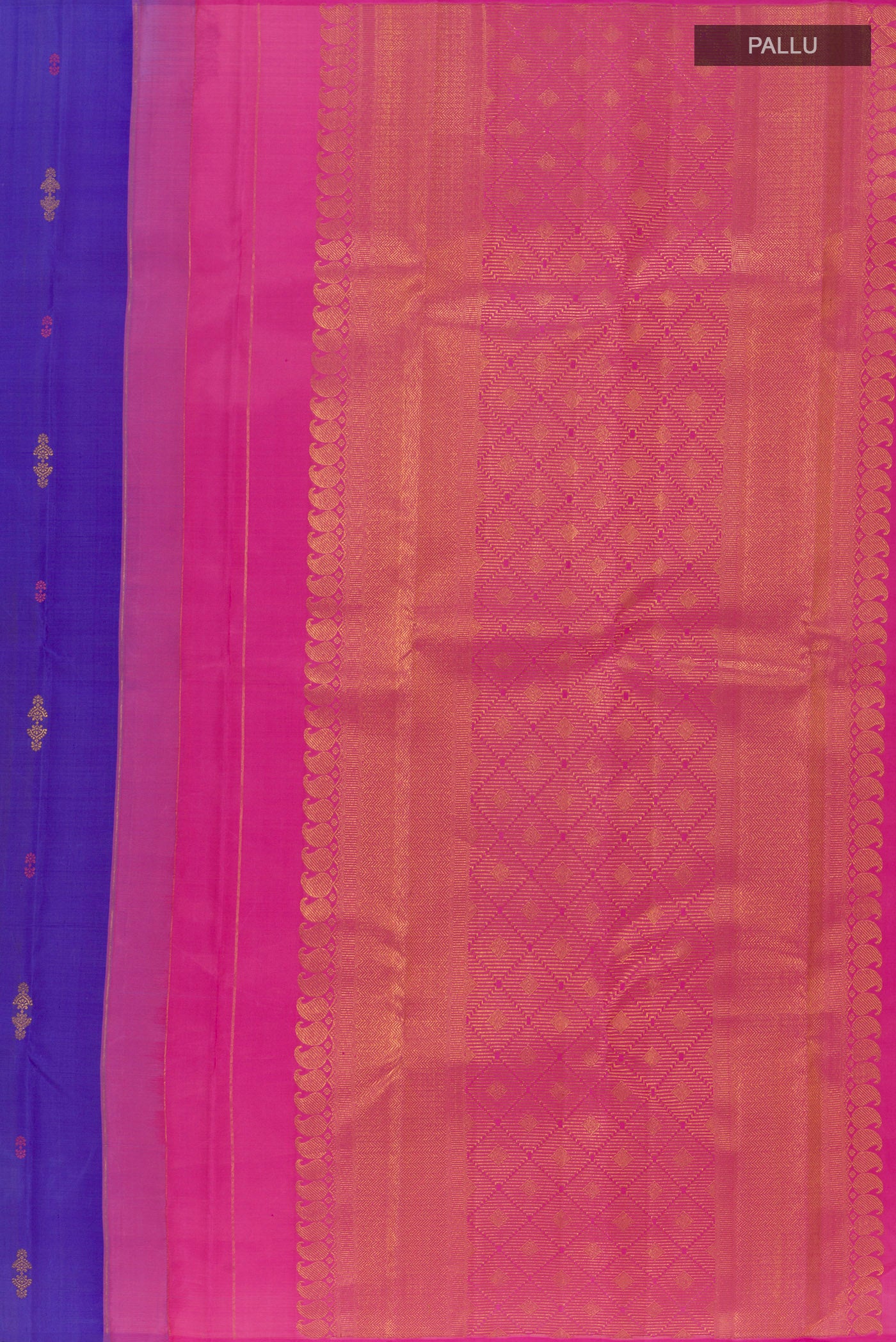 Close up image of the pallu of Royal Blue Kanjivaram Silk Saree with Zari Butta on the body and Without Border. 