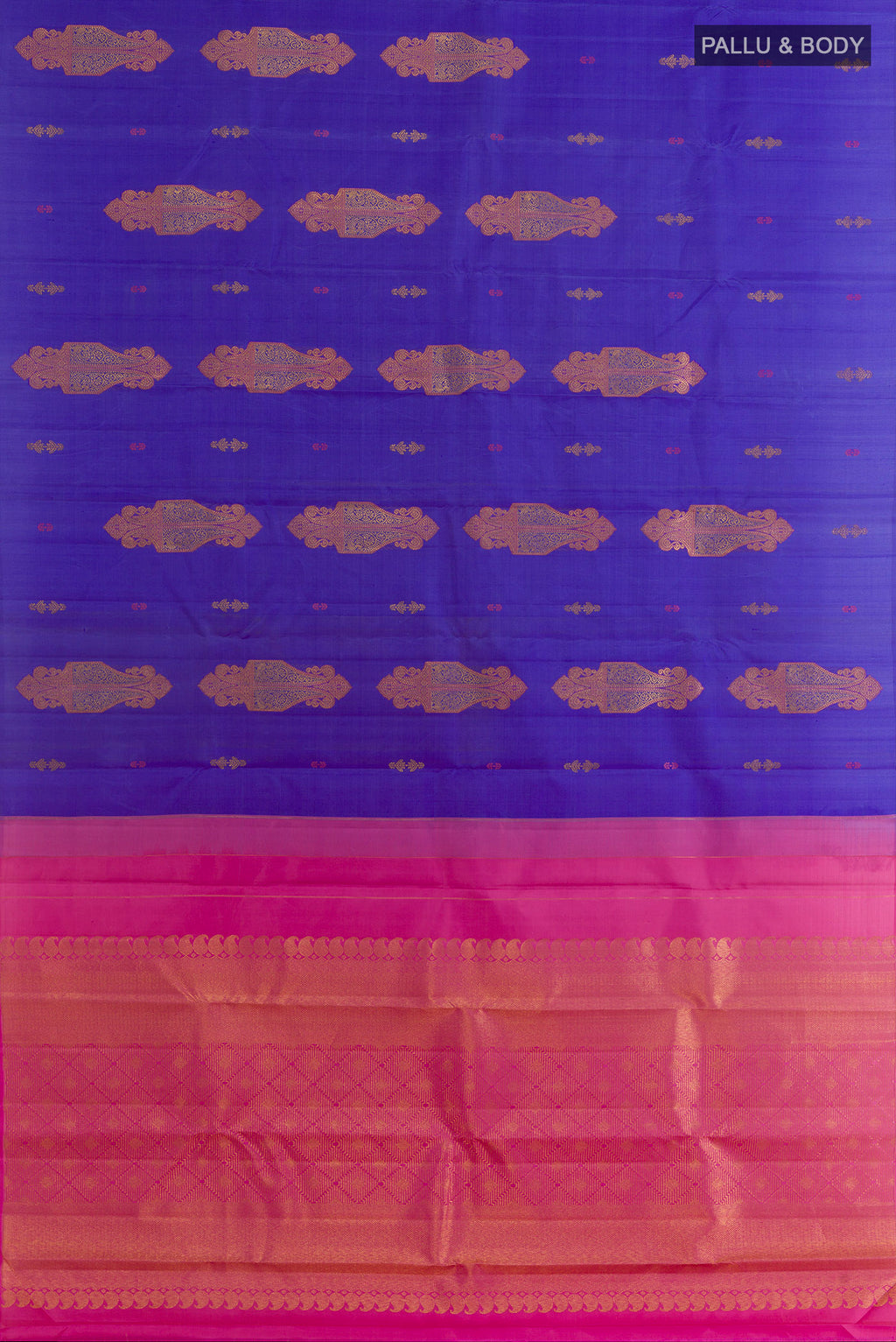 Flat view of Royal Blue Kanjivaram Silk Saree with Zari Butta on the body and Without Border. 