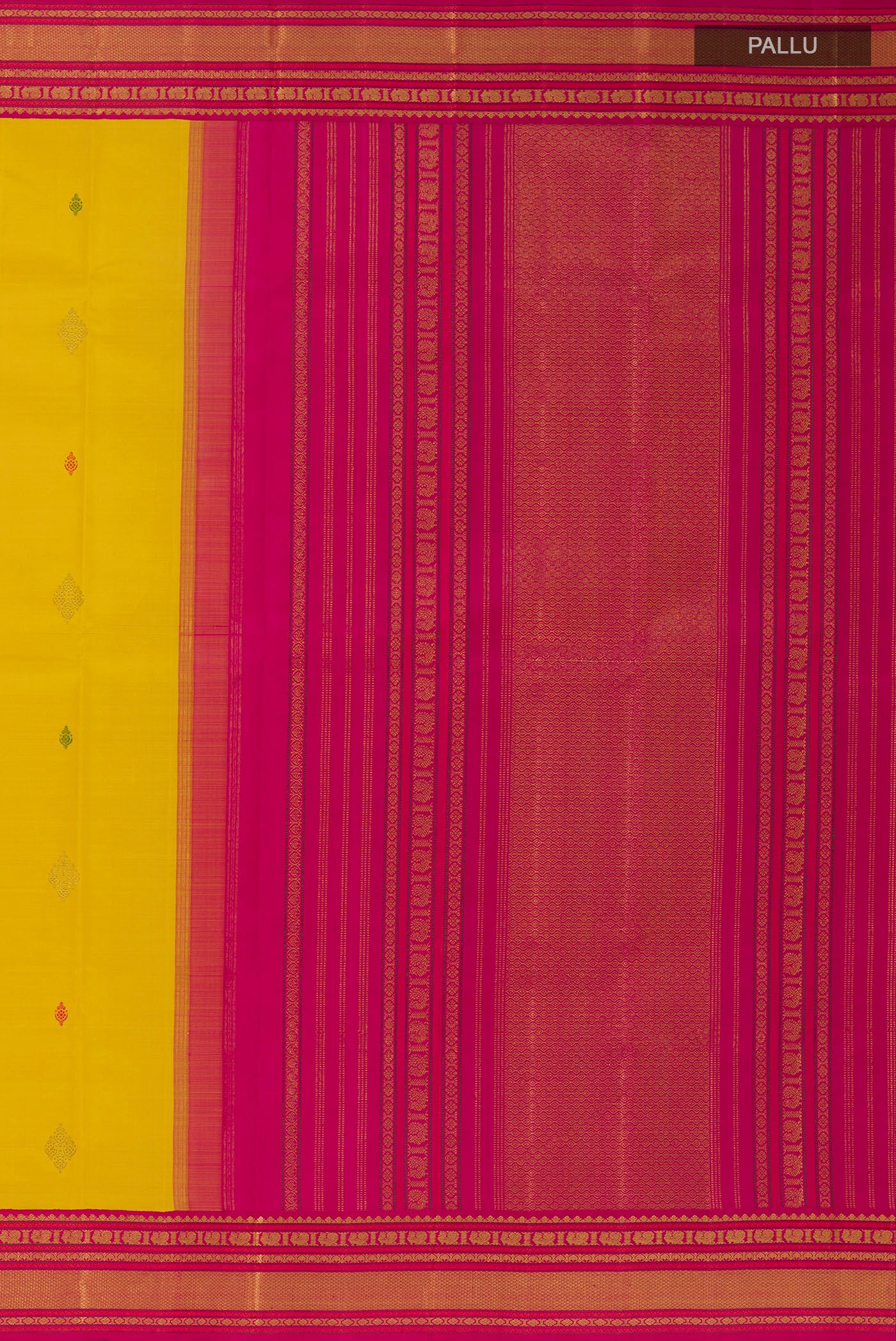 Close up image of the pallu of Yellow Kanjivaram Silk Saree with Thread Butta on the body and Zari Border. 