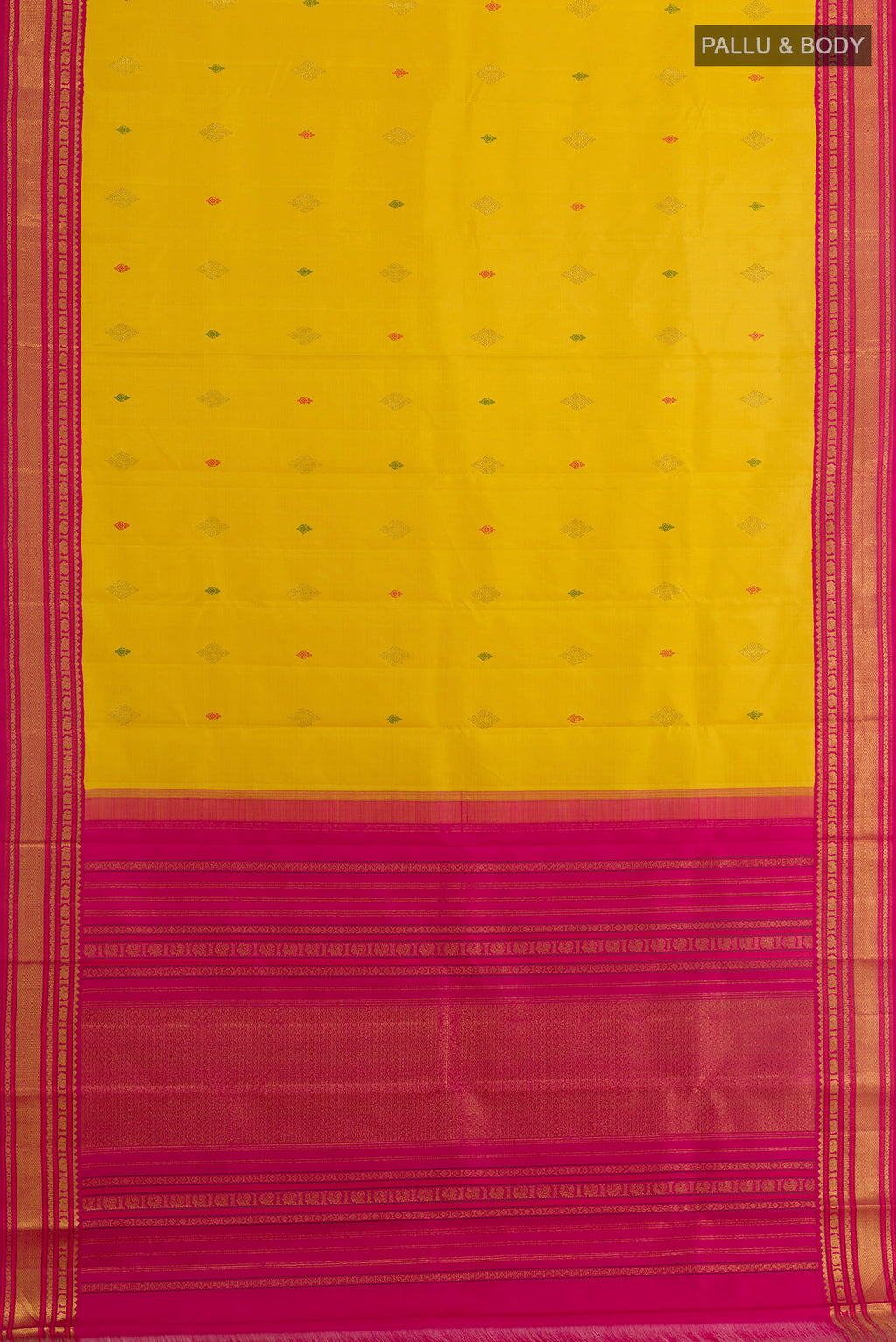Flat view of Yellow Kanjivaram Silk Saree with Thread Butta on the body and Zari Border. 
