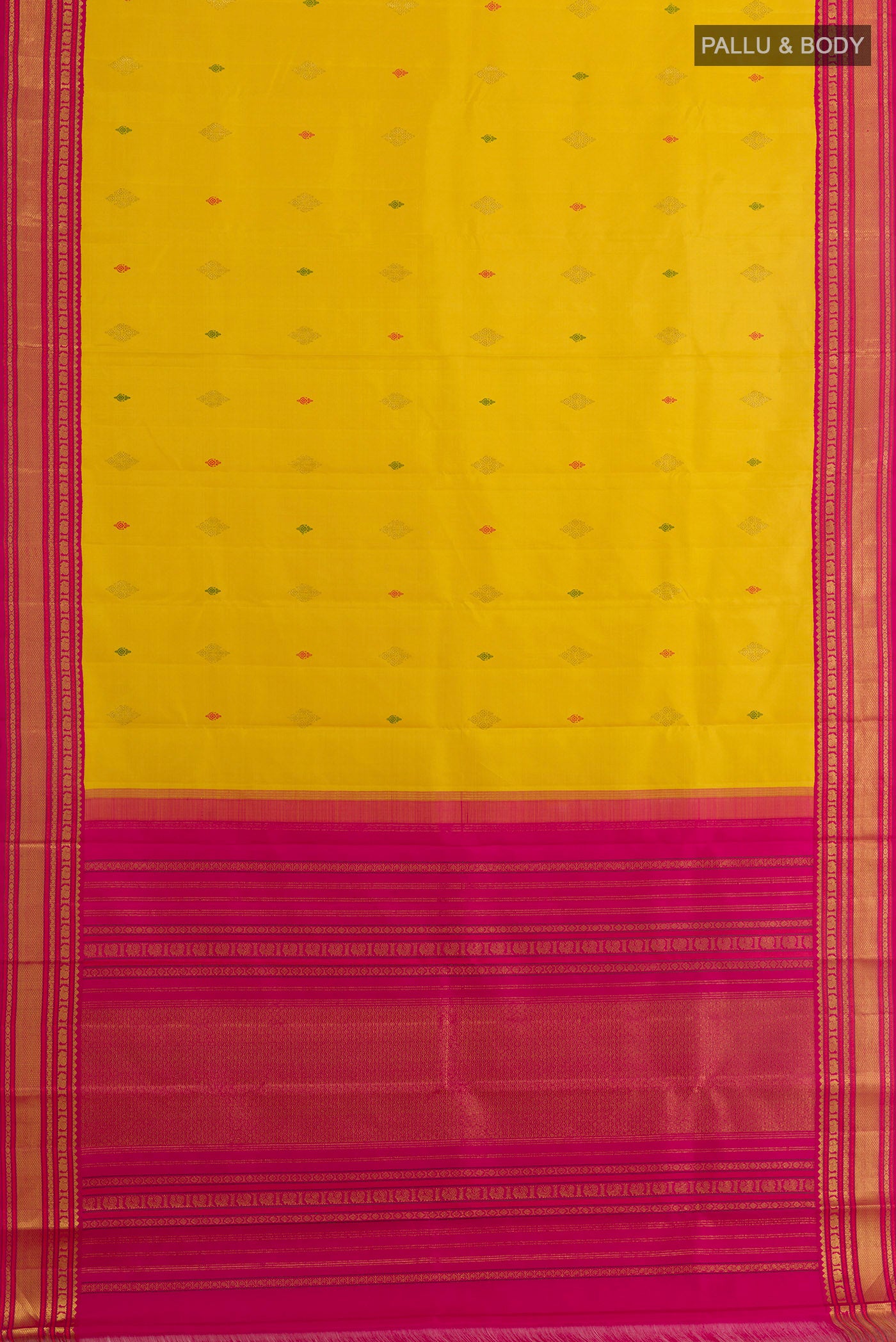Flat view of Yellow Kanjivaram Silk Saree with Thread Butta on the body and Zari Border. 