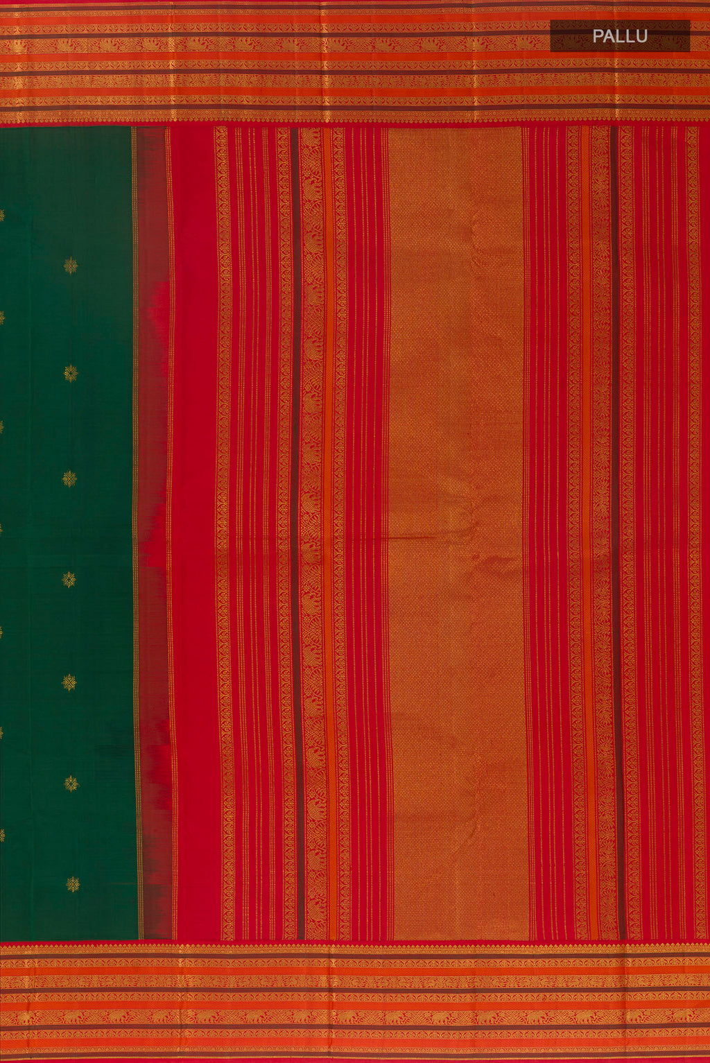 Close up image of the pallu of Bottle Green Kanjivaram Silk Saree with Zari Butta on the body and Zari Border. 