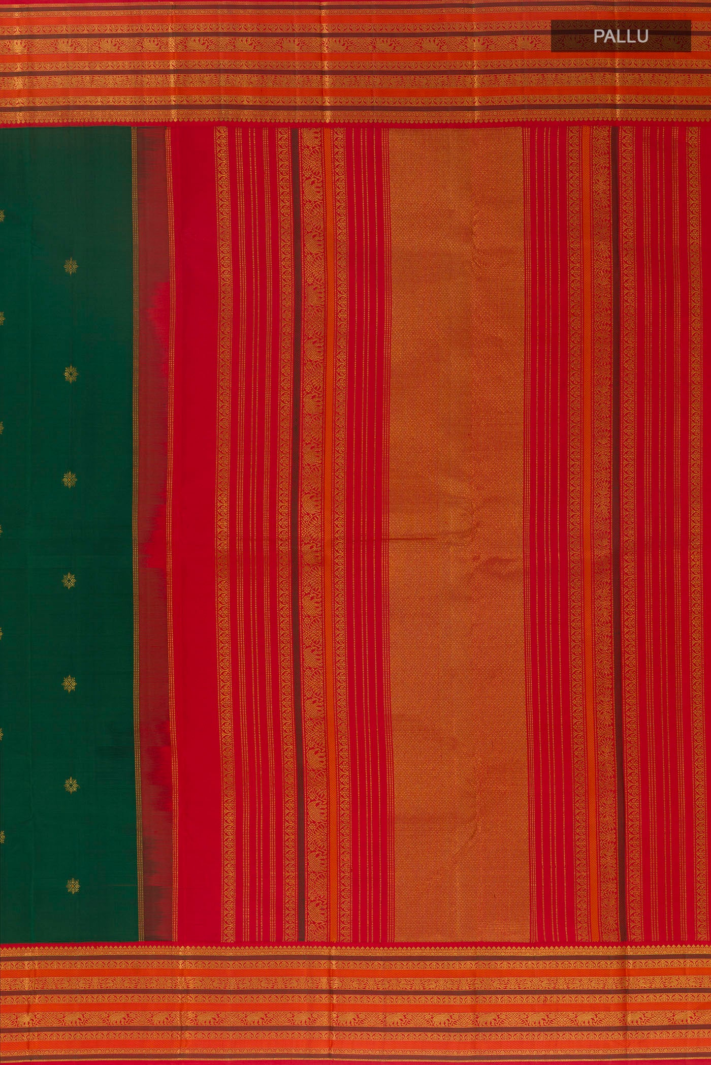 Close up image of the pallu of Bottle Green Kanjivaram Silk Saree with Zari Butta on the body and Zari Border. 