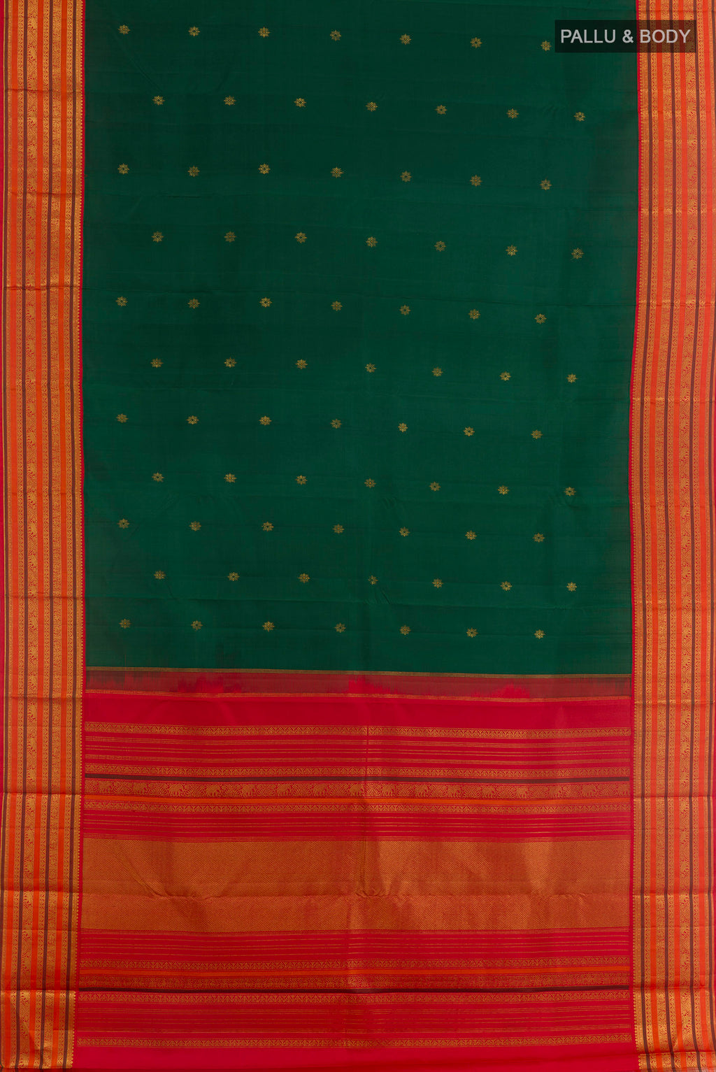 Flat view of Bottle Green Kanjivaram Silk Saree with Zari Butta on the body and Zari Border. 