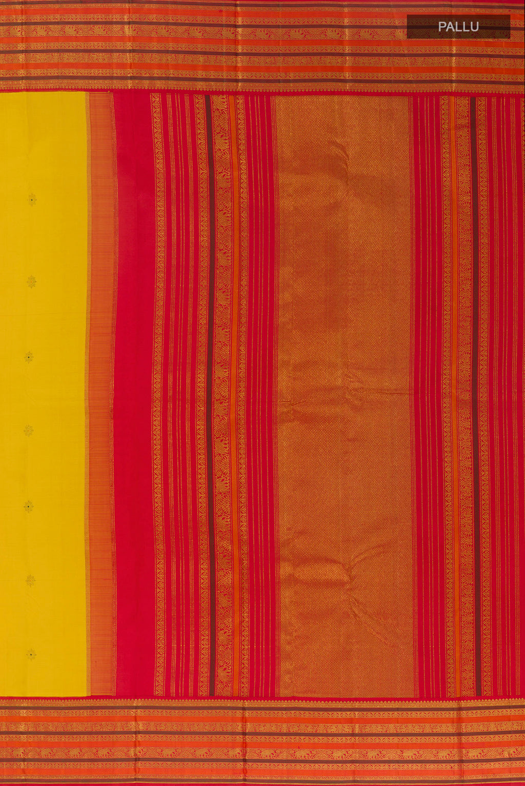 Close up image of the pallu of Yellow Kanjivaram Silk Saree with Zari Butta on the body and Zari Border. 