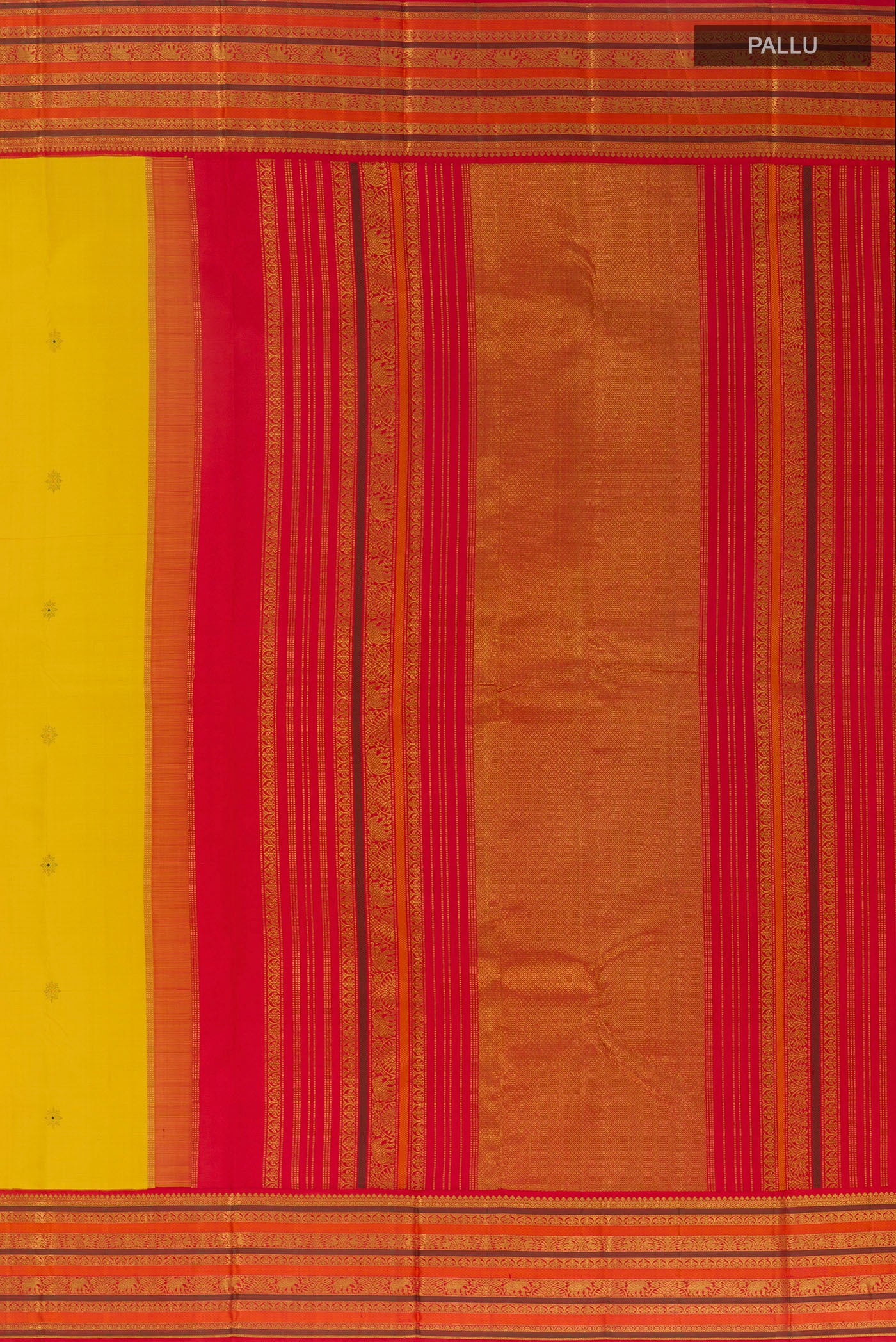 Close up image of the pallu of Yellow Kanjivaram Silk Saree with Zari Butta on the body and Zari Border. 
