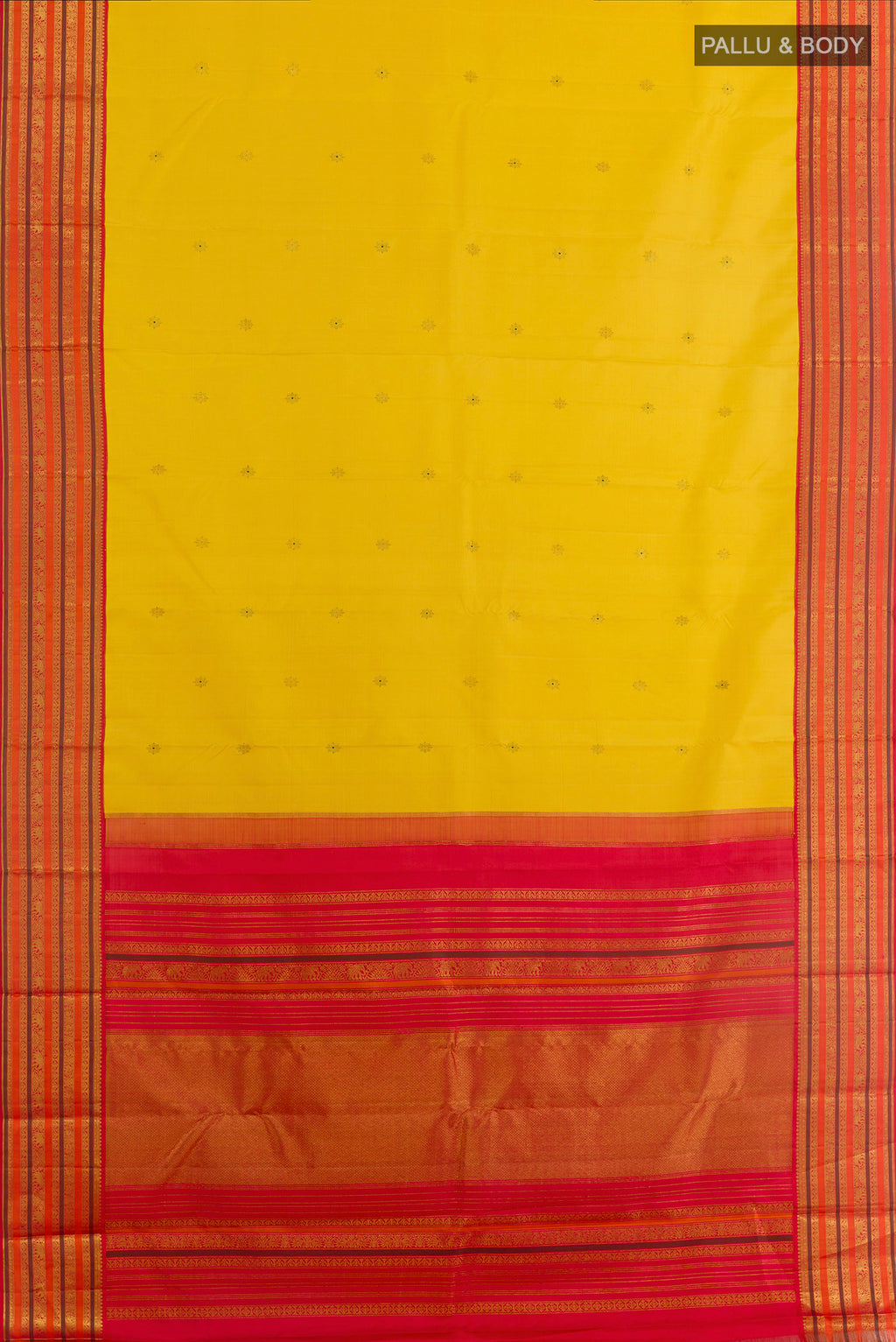 Flat view of Yellow Kanjivaram Silk Saree with Zari Butta on the body and Zari Border. 