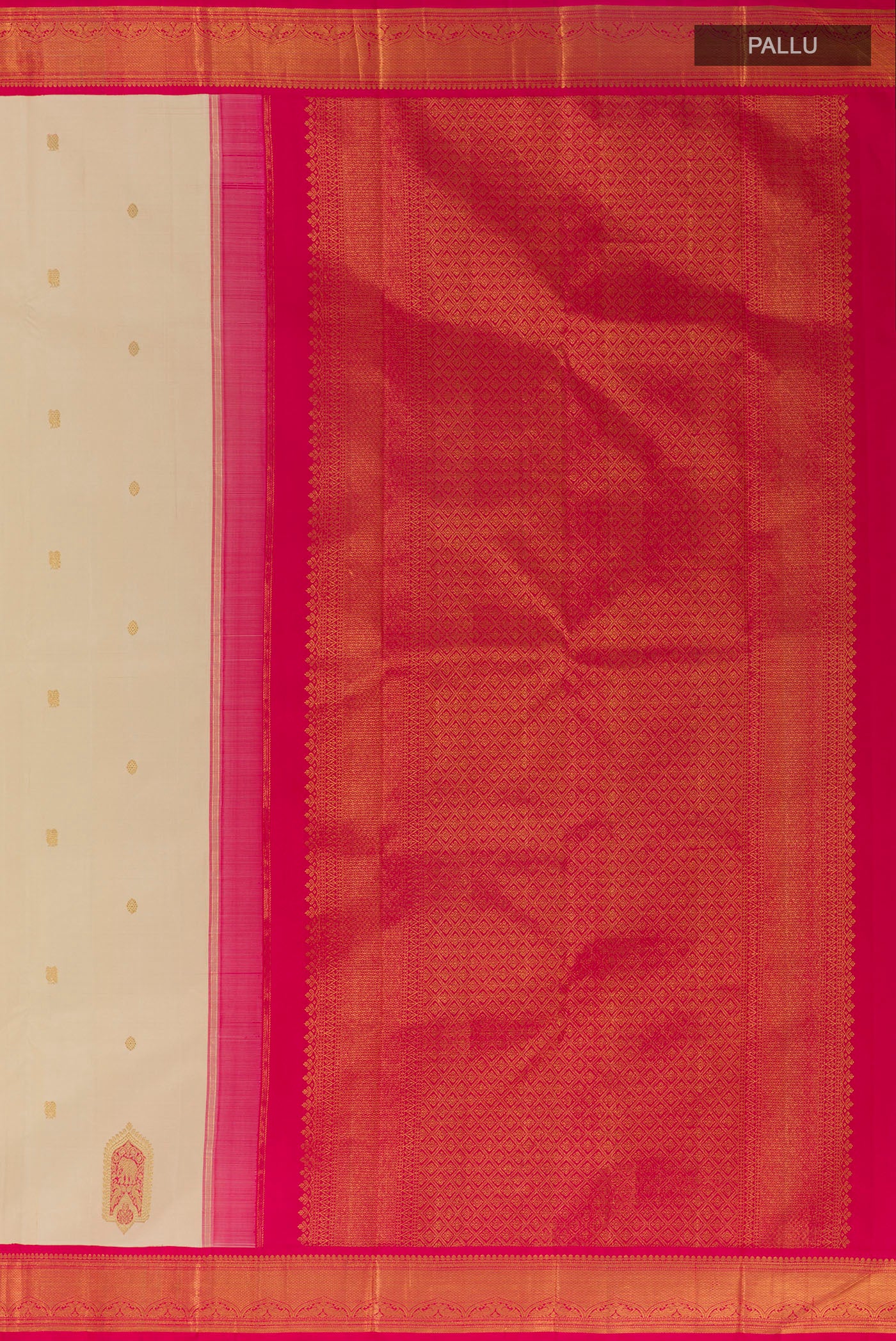 Close up image of the pallu of Cream Kanjivaram Silk Saree with Zari Butta on the body and Zari Border. 