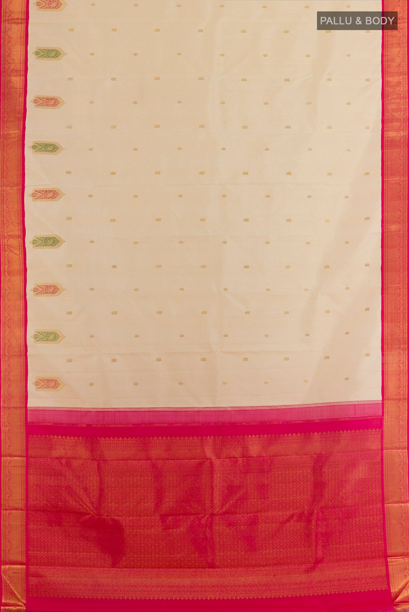 Flat view of Cream Kanjivaram Silk Saree with Zari Butta on the body and Zari Border. 