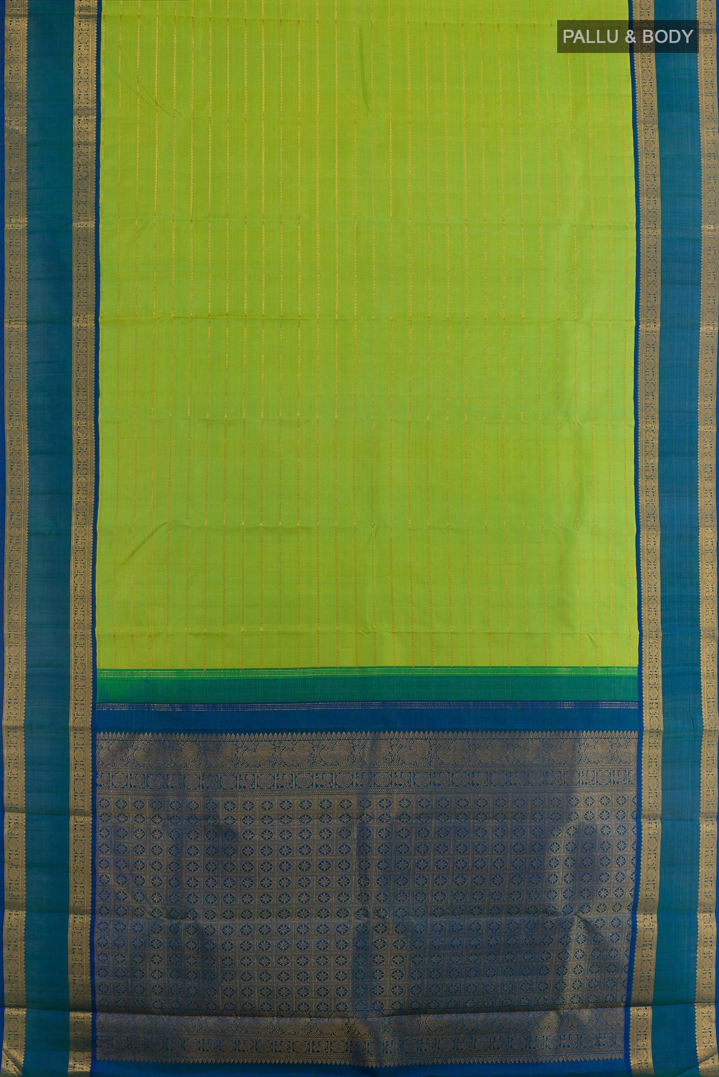 Flat view of Parrot Green Kanjivaram Silk Saree with Stripes on the body and Zari Border. 