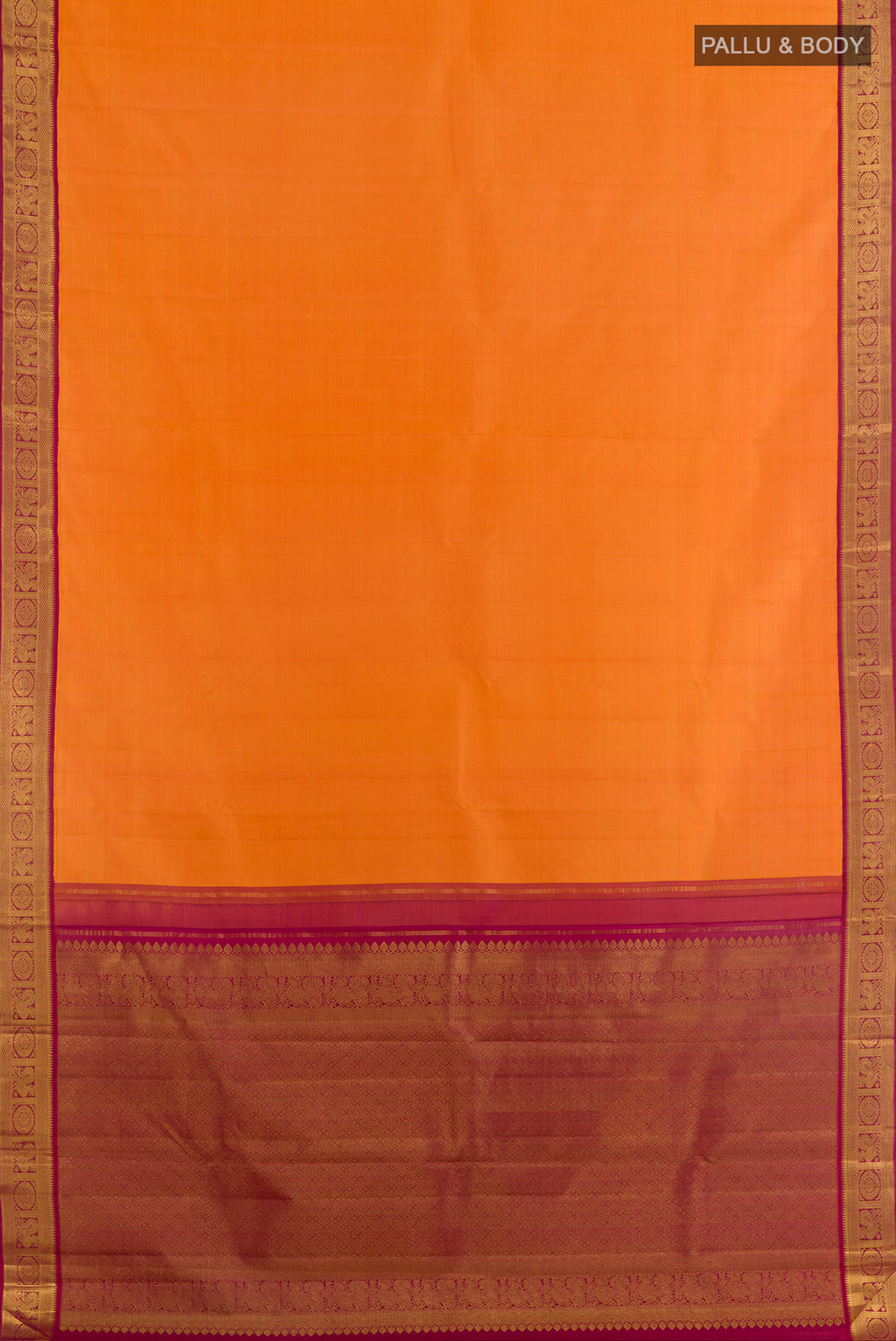 Flat view of Orange Kanjivaram Silk Saree with Plain Body and Zari Border. 