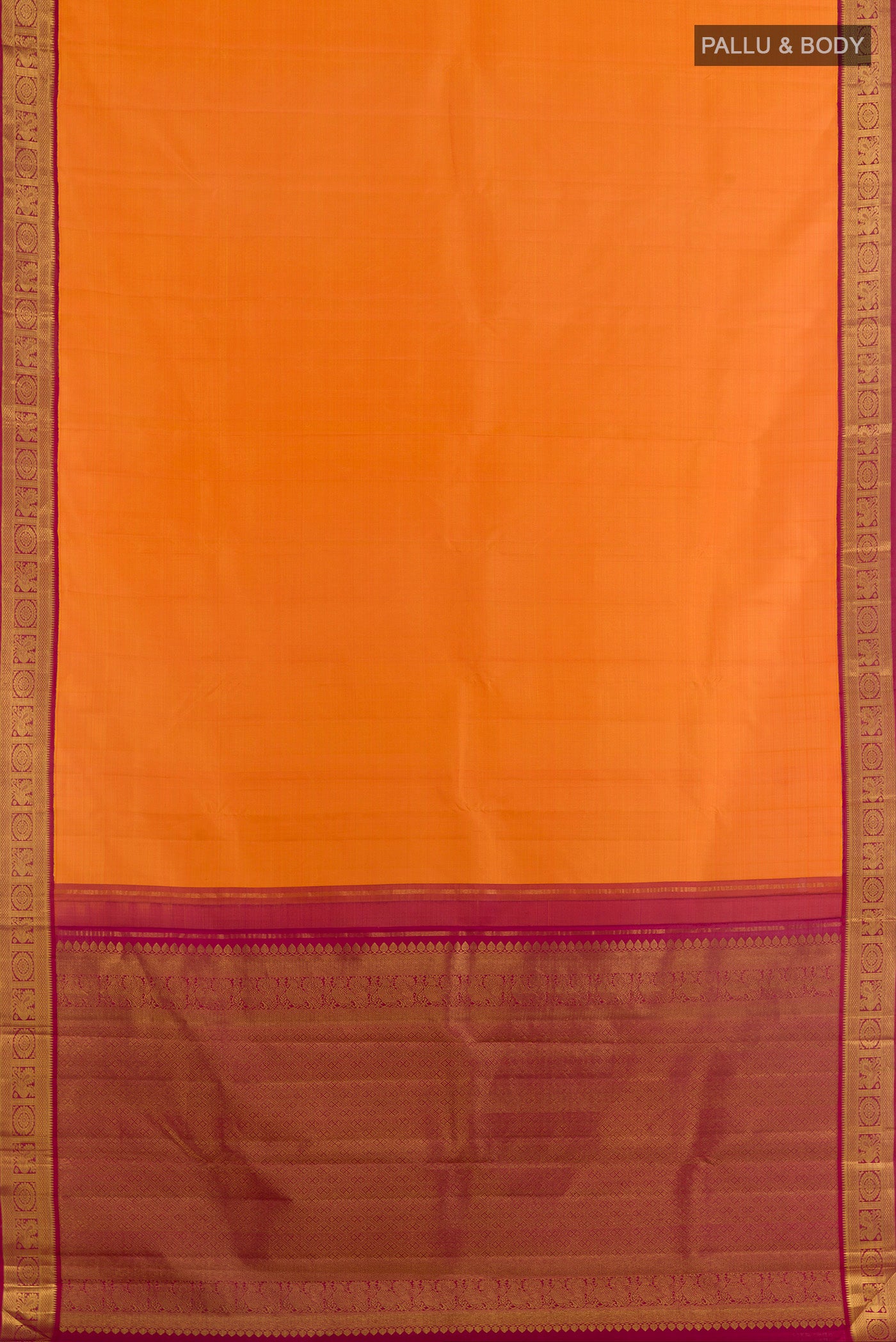 Flat view of Orange Kanjivaram Silk Saree with Plain Body and Zari Border. 