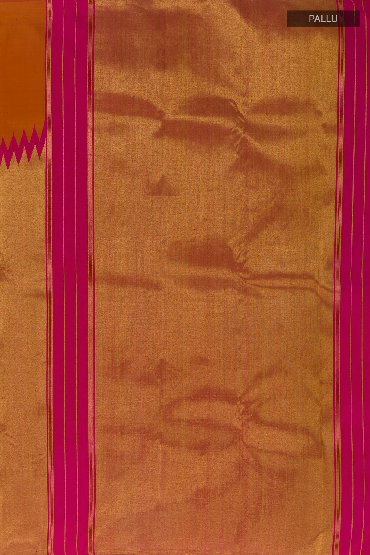 Close up image of the pallu of Mustard Kanjivaram Tissue Saree with Plain Body and Temple Border. 