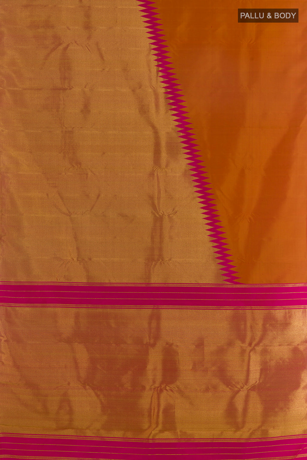 Flat view of Mustard Kanjivaram Tissue Saree with Plain Body and Temple Border. 