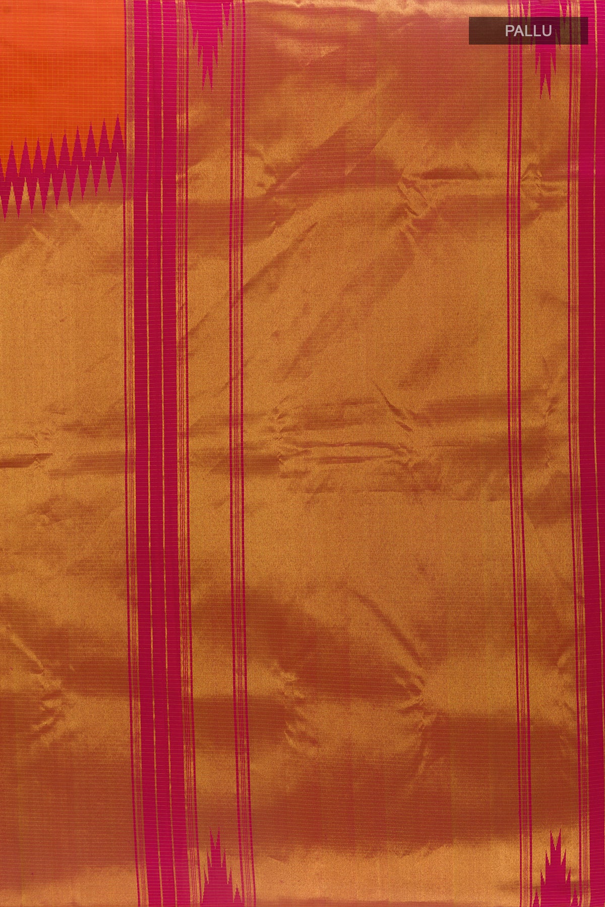 Close up image of the pallu of Pure Silk Orange Kanchipuram Saree with Checked design on the body and Temple Border. 