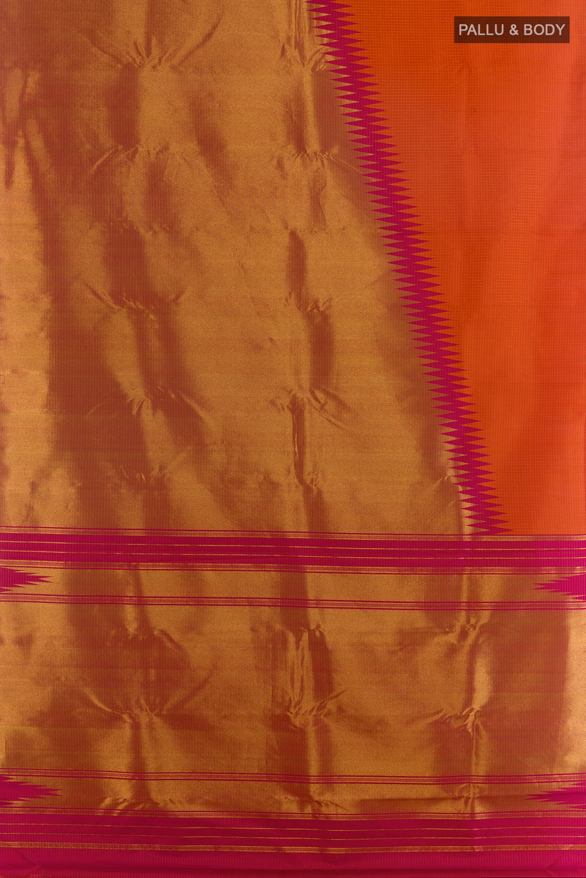Flat view of Pure Silk Orange Kanchipuram Saree with Checked design on the body and Temple Border. 
