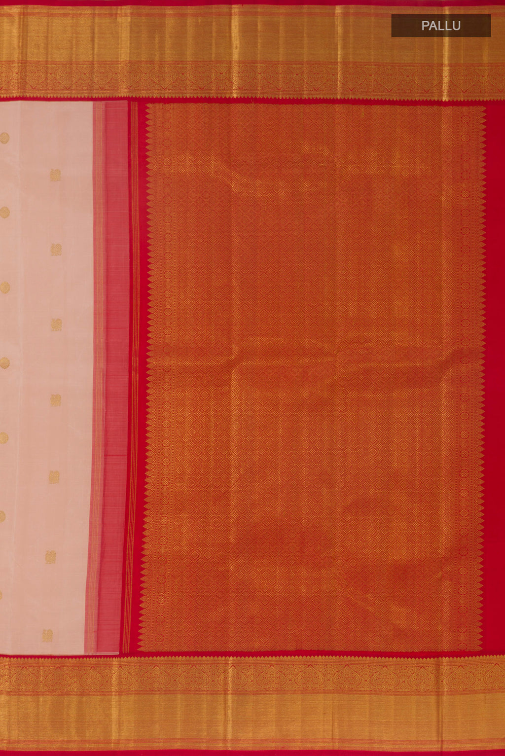 Close up image of the pallu of Rose pink Kanchipuram Silk Saree with Zari Butta on the body and Zari Border. 