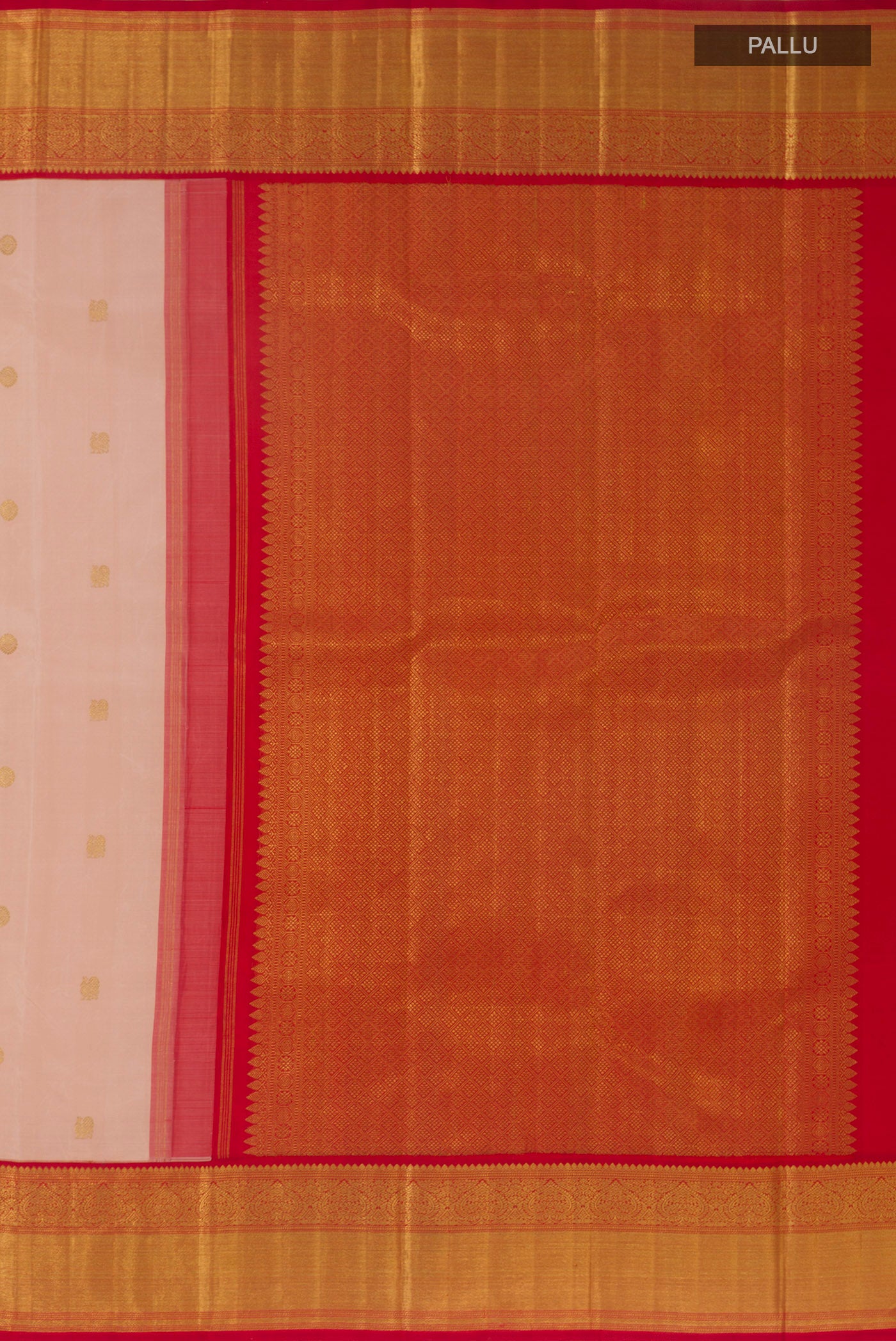 Close up image of the pallu of Rose pink Kanchipuram Silk Saree with Zari Butta on the body and Zari Border. 