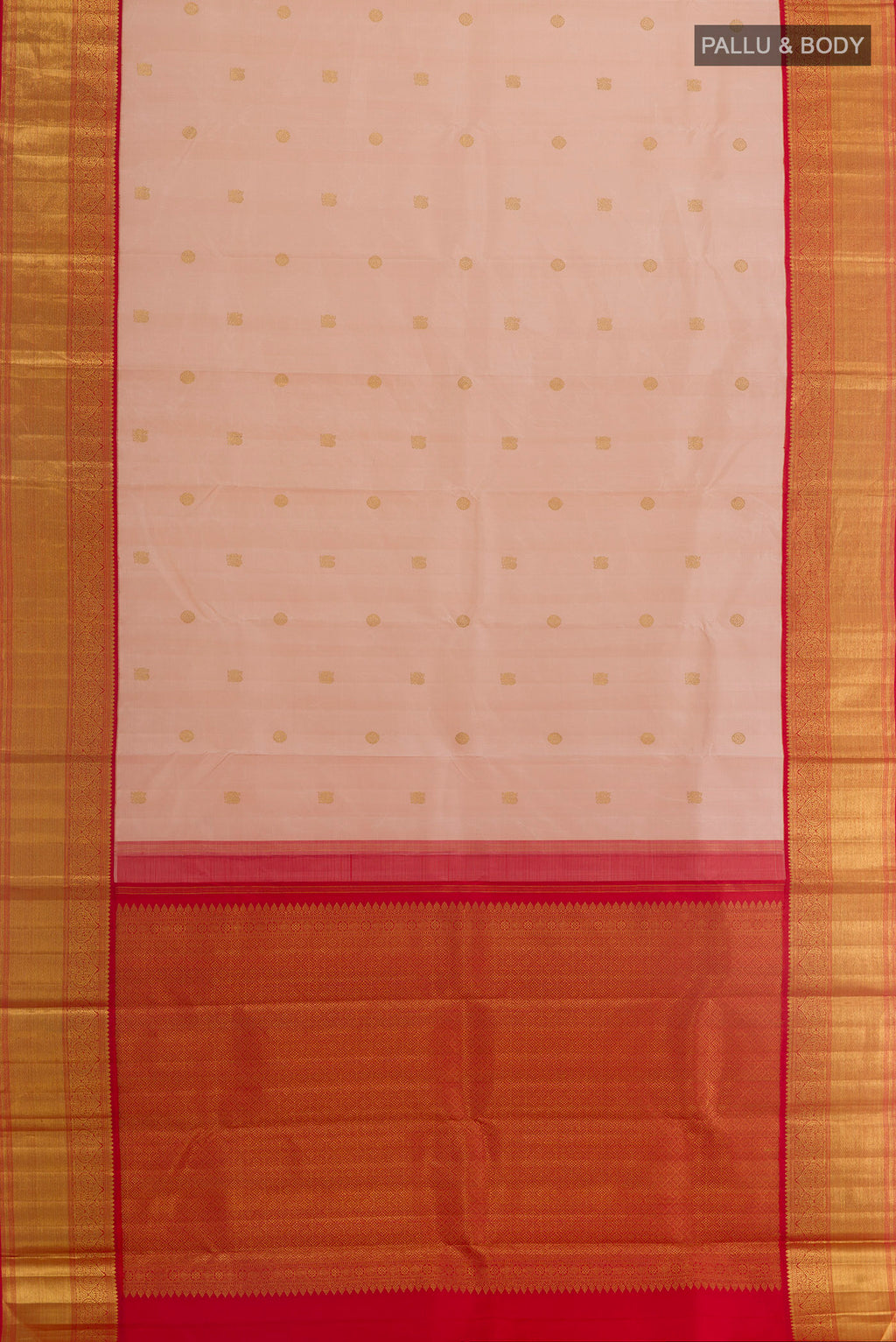 Flat view of Rose pink Kanchipuram Silk Saree with Zari Butta on the body and Zari Border. 