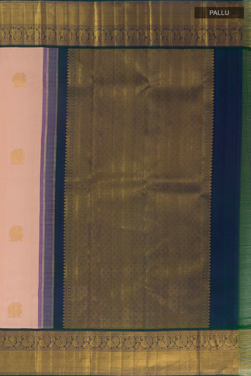 Close up image of the pallu of Rose pink Kanchipuram Silk Saree with Zari Butta on the body and Zari Border. 