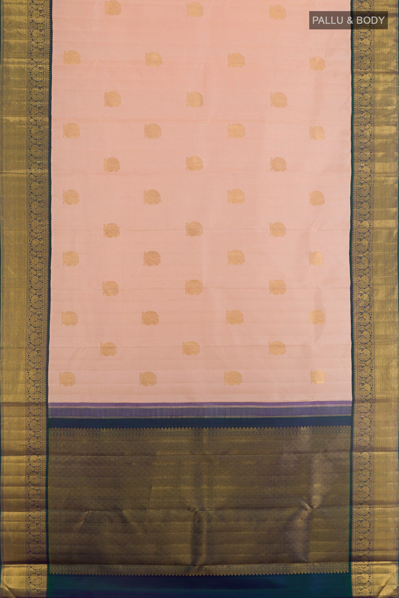Flat view of Rose pink Kanchipuram Silk Saree with Zari Butta on the body and Zari Border. 