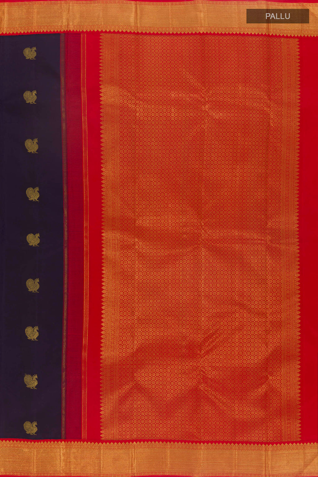 Close up image of the pallu of Navy Blue Kanchipuram Silk Saree with Zari Butta on the body and Zari Border. 