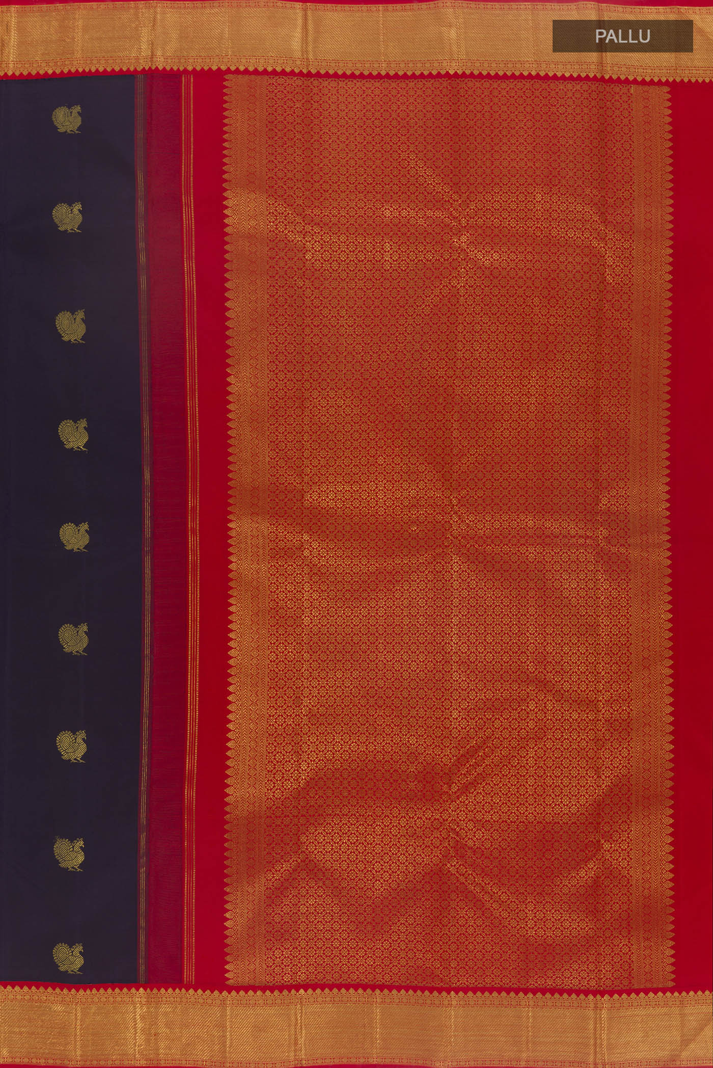 Close up image of the pallu of Navy Blue Kanchipuram Silk Saree with Zari Butta on the body and Zari Border. 
