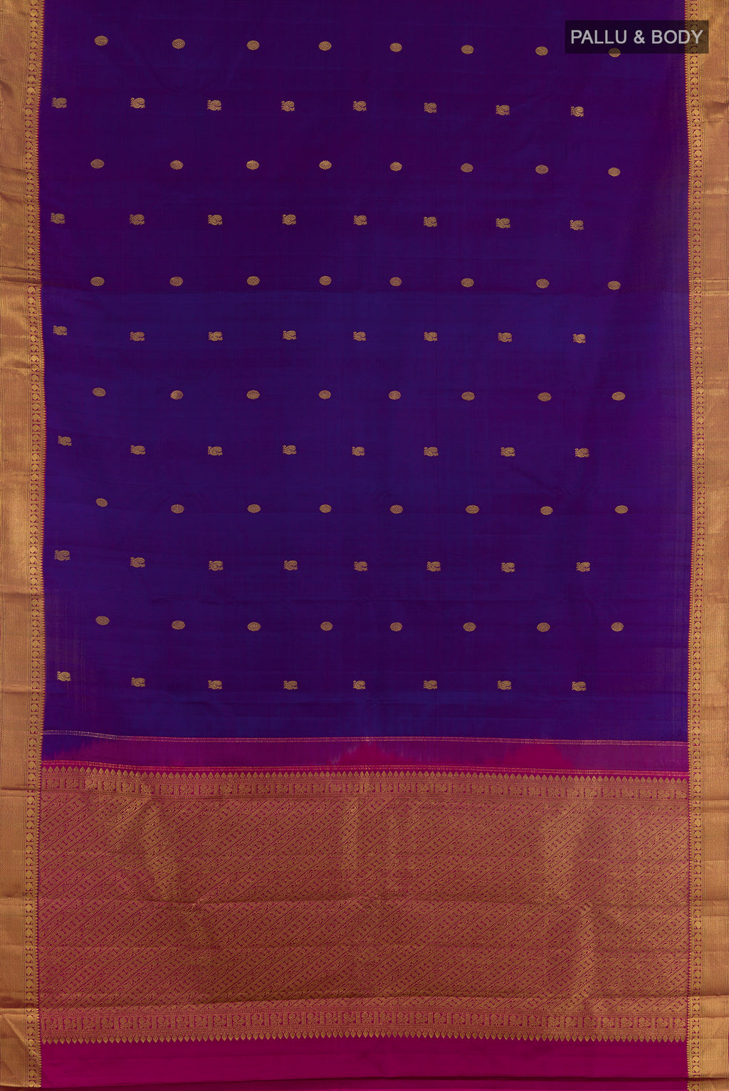 Flat view of Purple Kanchipuram Silk Saree with Zari Butta on the body and Zari Border. 