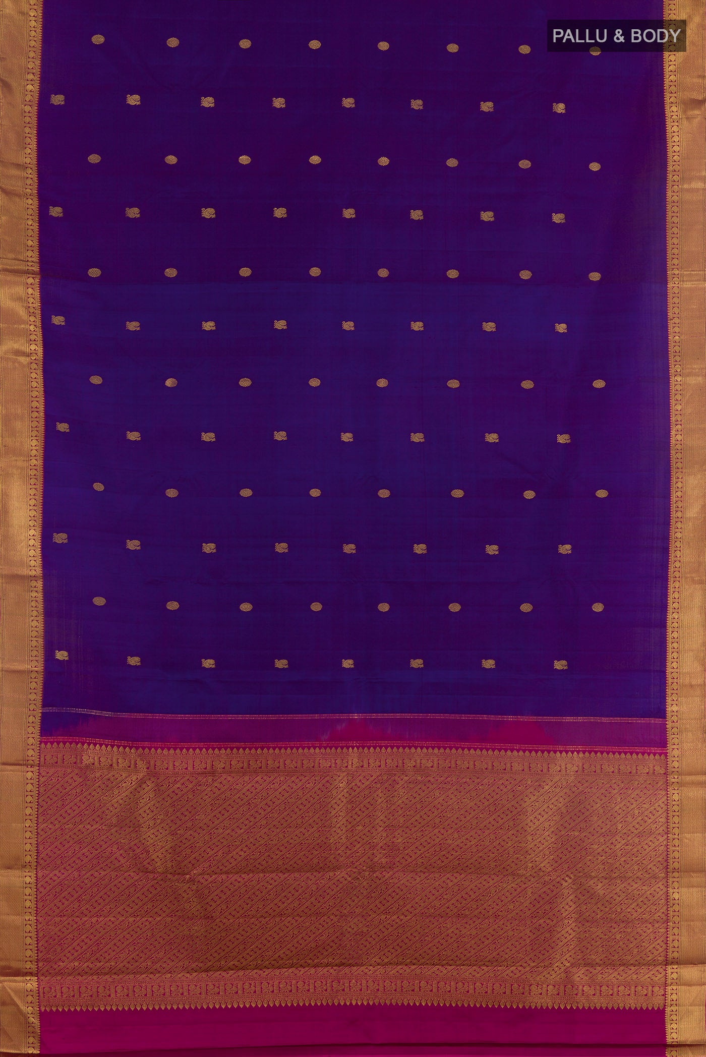 Flat view of Purple Kanchipuram Silk Saree with Zari Butta on the body and Zari Border. 