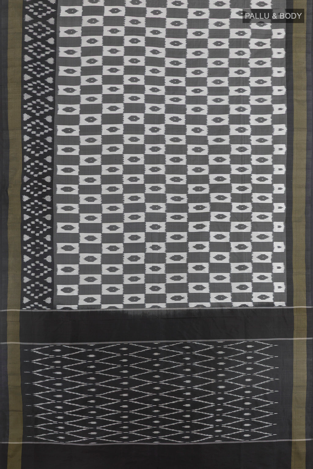 Flat view of Grey Pochampally Silk Saree with Pure Ikat on the body and Zari Border. 