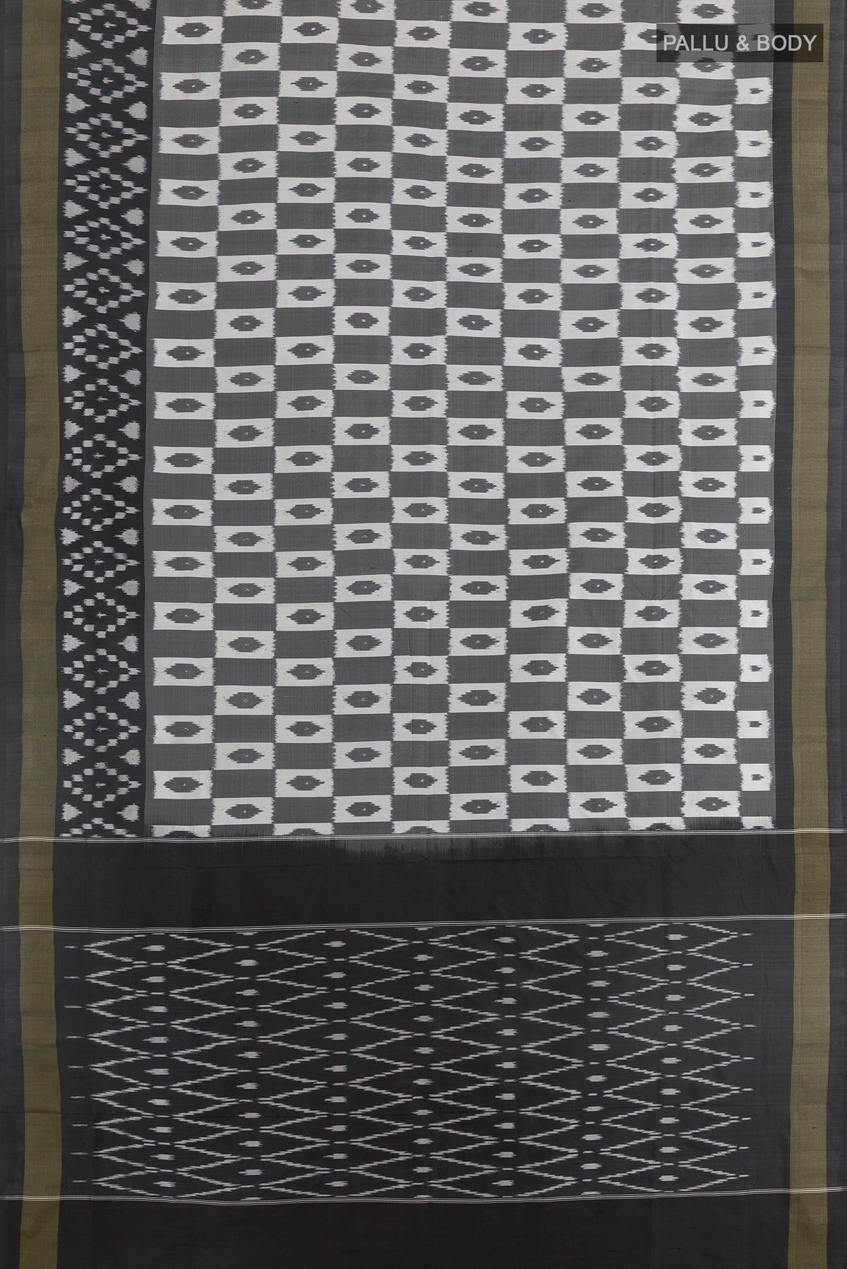 Flat view of Grey Pochampally Silk Saree with Pure Ikat on the body and Zari Border. 