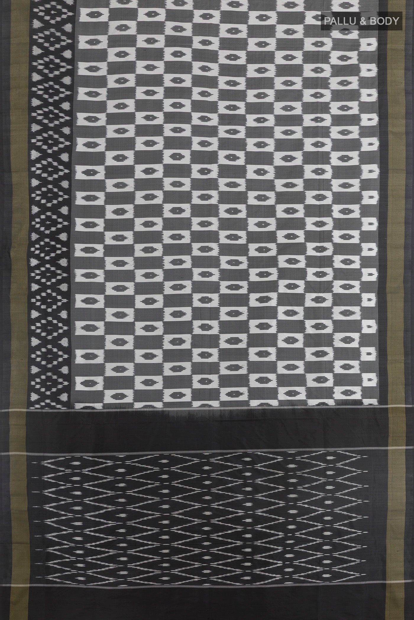 Flat view of Grey Pochampally Silk Saree with Pure Ikat on the body and Zari Border. 