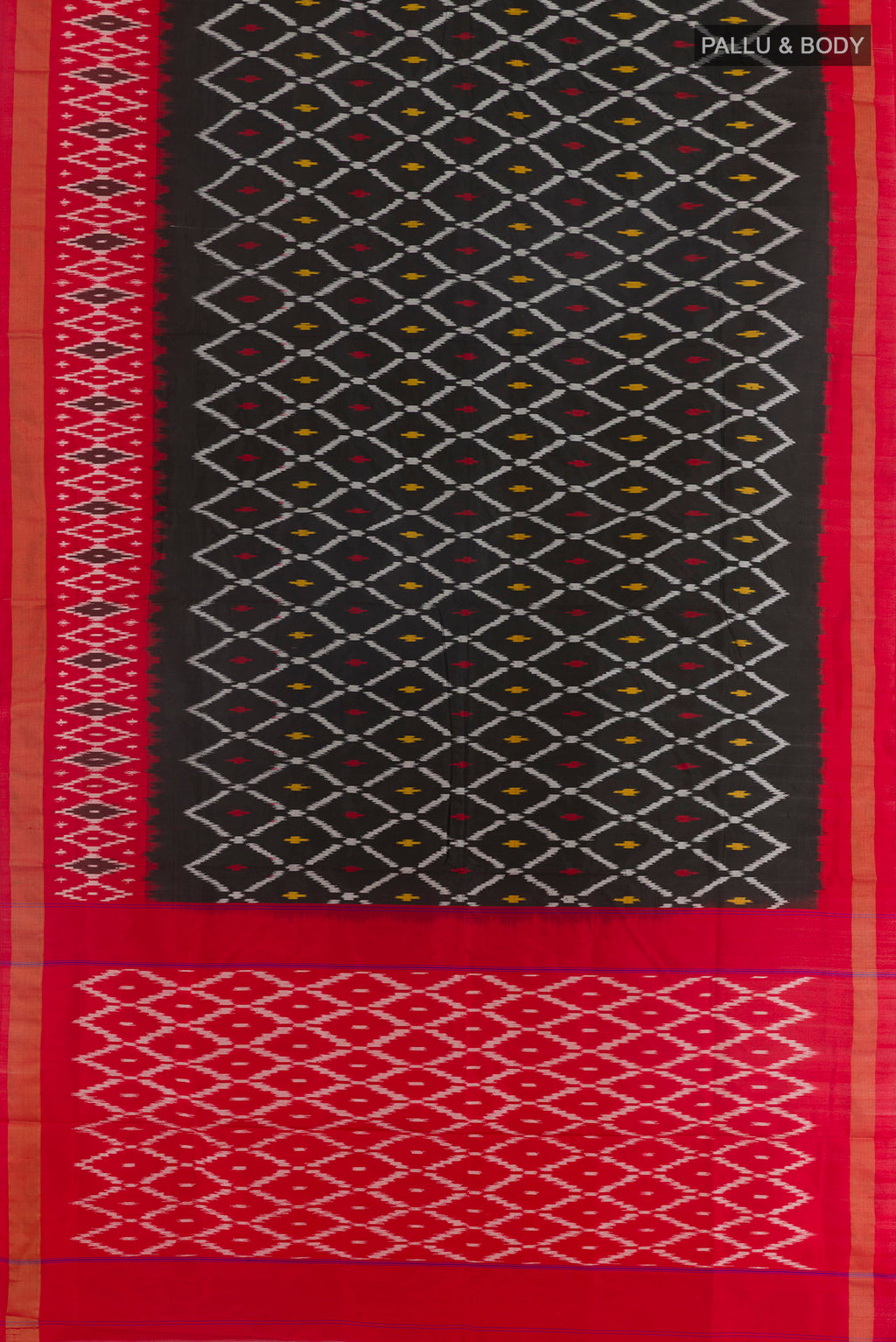 Flat view of Black Pochampally Silk Saree with Pure Ikat on the body and Ikat Border. 