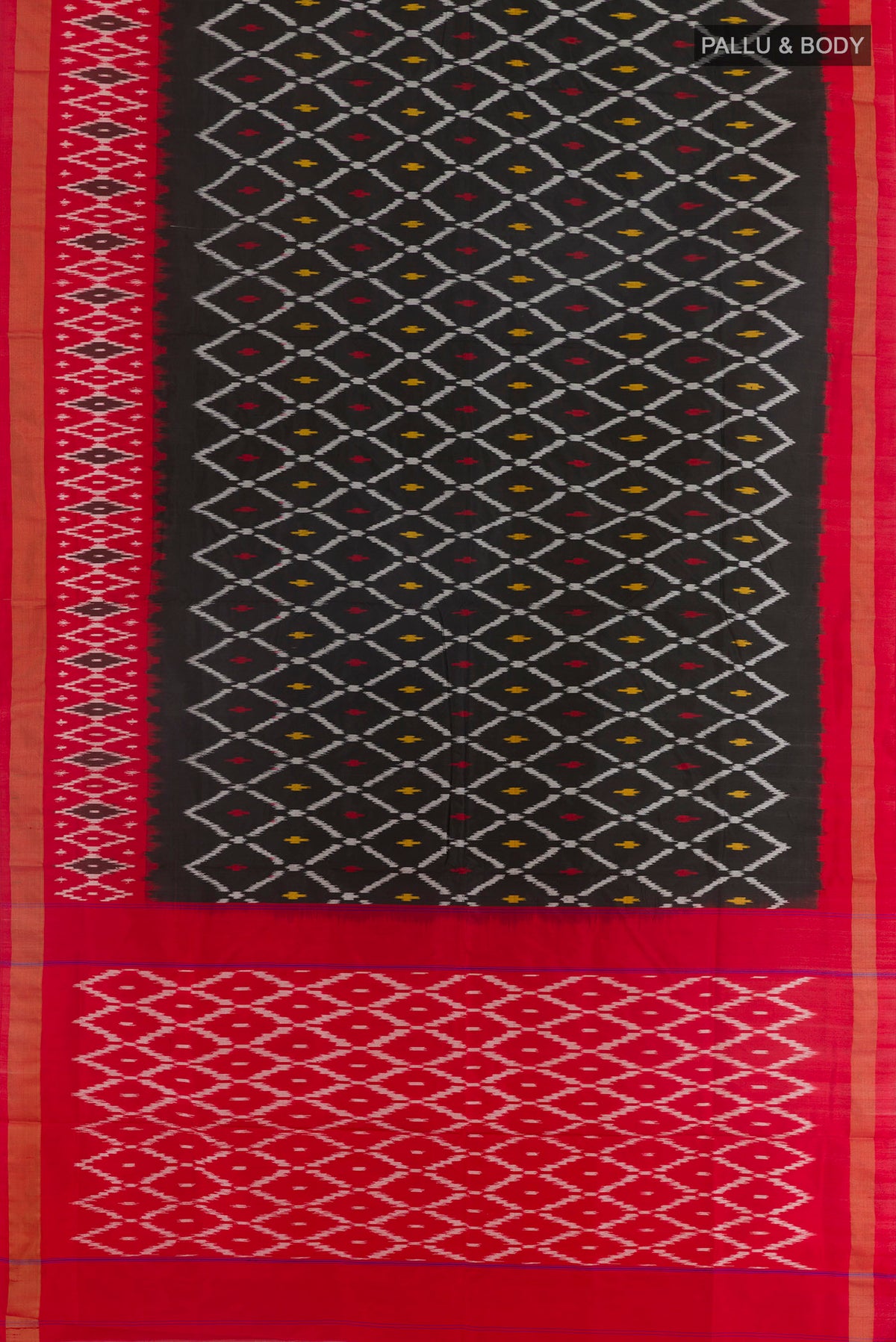 Flat view of Black Pochampally Silk Saree with Pure Ikat on the body and Ikat Border. 