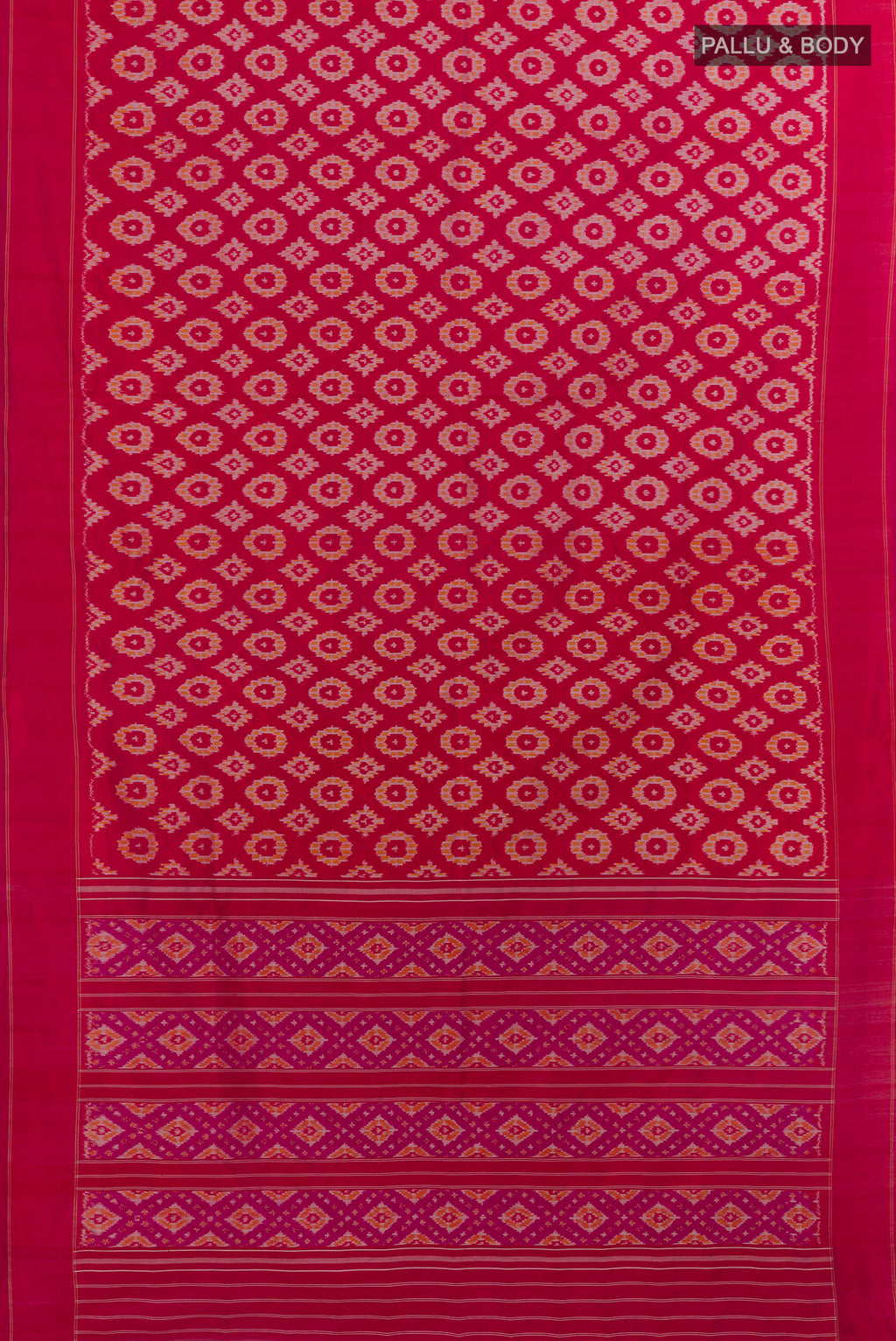 Flat view of Pink Pochampally Silk Saree with Ikat design on the body and Plain Border. 
