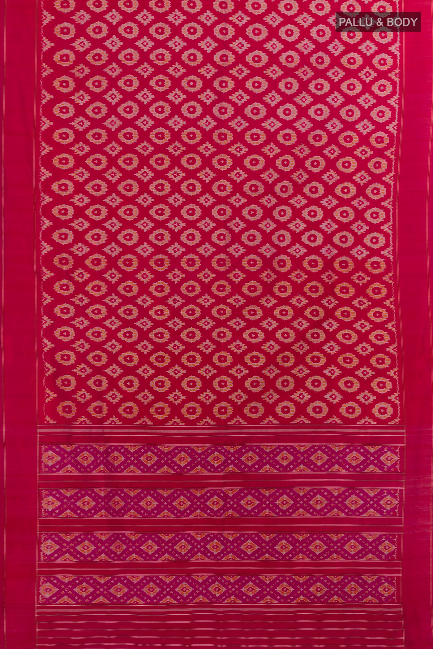 Flat view of Pink Pochampally Silk Saree with Ikat design on the body and Plain Border. 