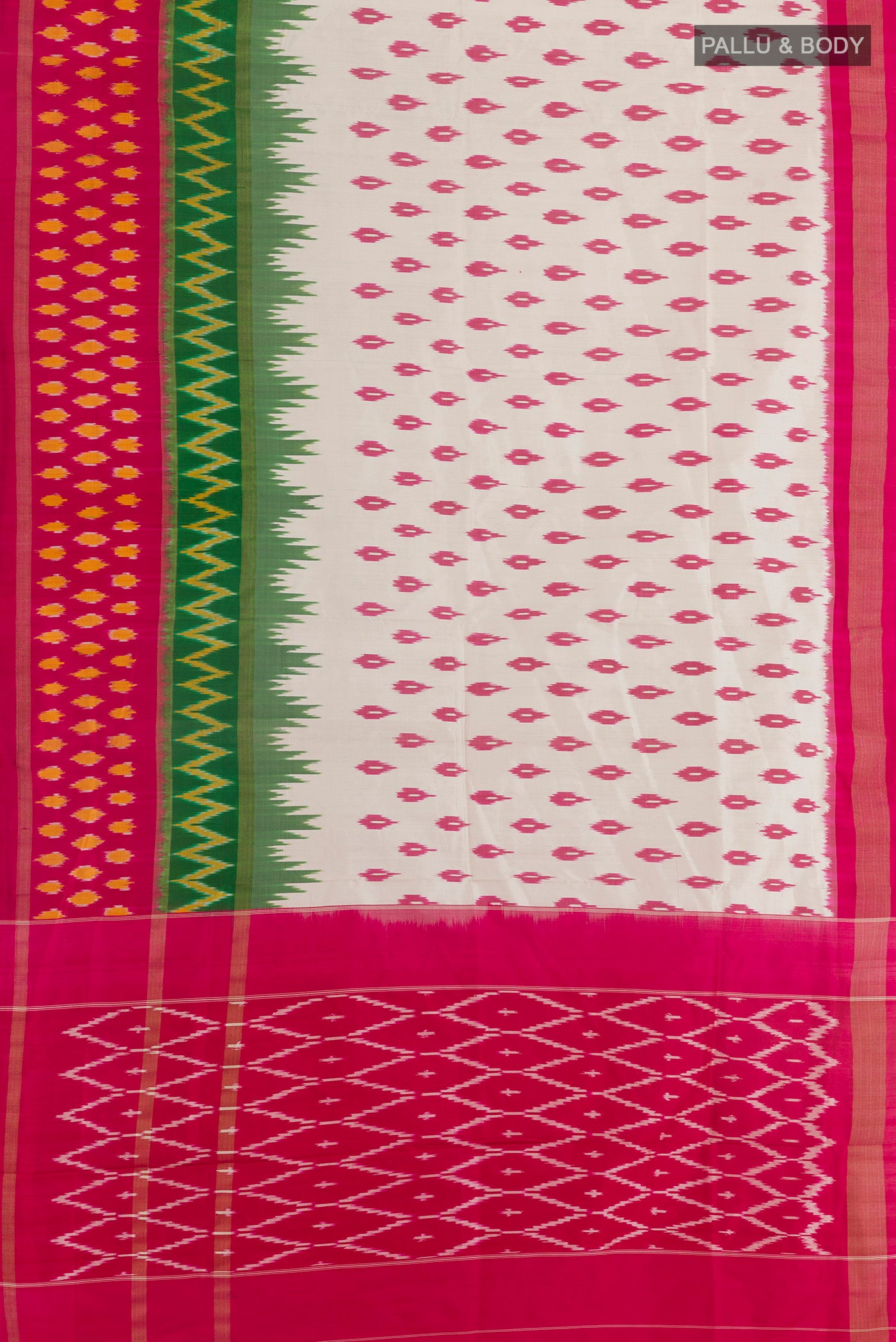 Flat view of Off White Pochampally Silk Saree with Pure Ikat on the body and Ikat Border. 