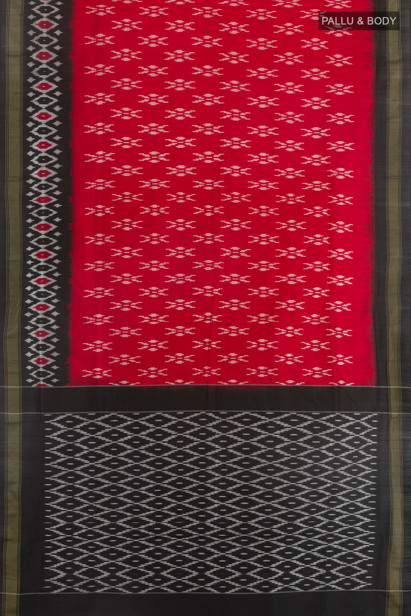 Flat view of Red Pochampally Silk Saree with Pure Ikat on the body and Ikat Border. 
