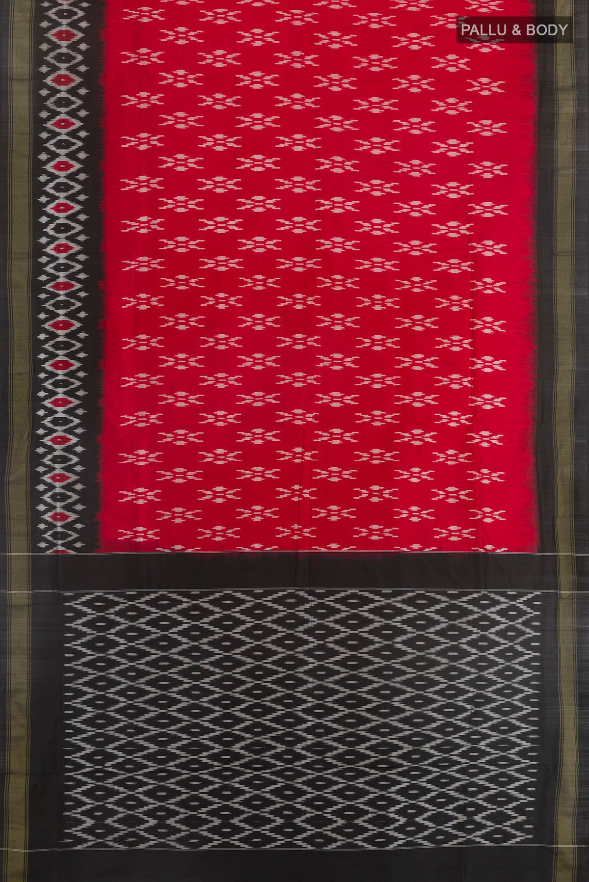 Flat view of Red Pochampally Silk Saree with Pure Ikat on the body and Ikat Border. 