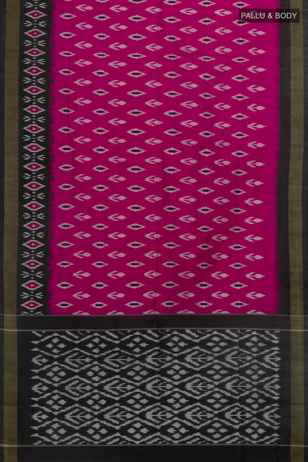 Flat view of Light Magenta Pochampally Silk Saree with Pure Ikat on the body and Ikat Border. 