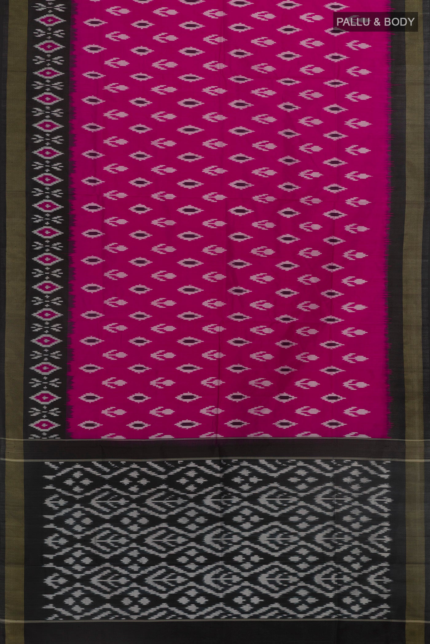 Flat view of Light Magenta Pochampally Silk Saree with Pure Ikat on the body and Ikat Border. 